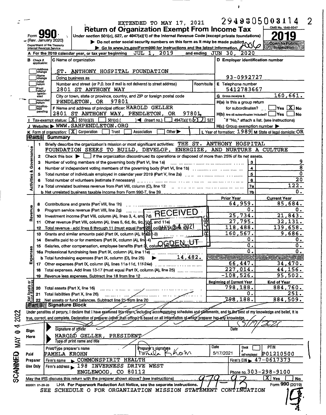 Image of first page of 2019 Form 990 for St Anthony Hospital Foundation