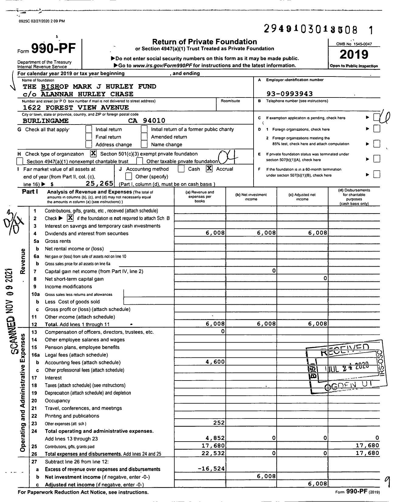 Image of first page of 2019 Form 990PF for The Bishop Mark J Hurley Fund