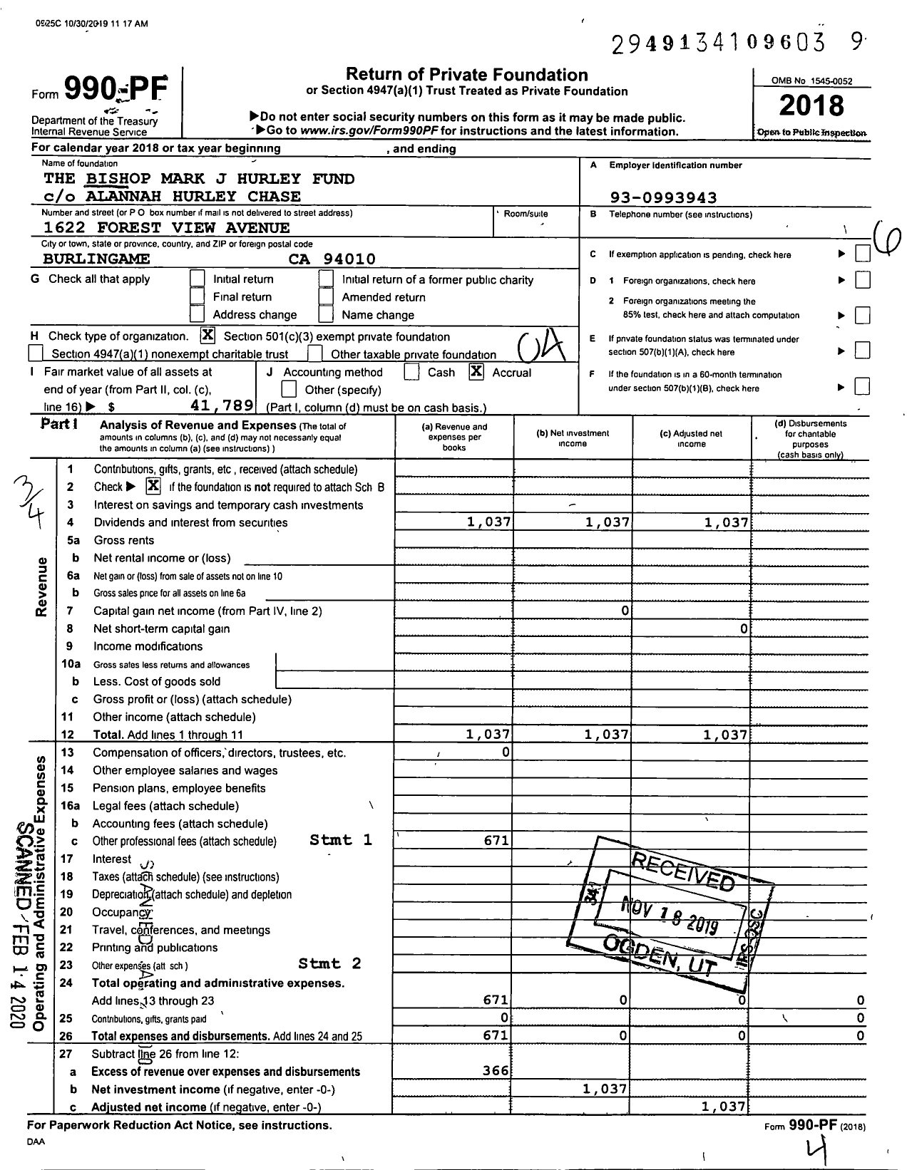 Image of first page of 2018 Form 990PF for The Bishop Mark J Hurley Fund