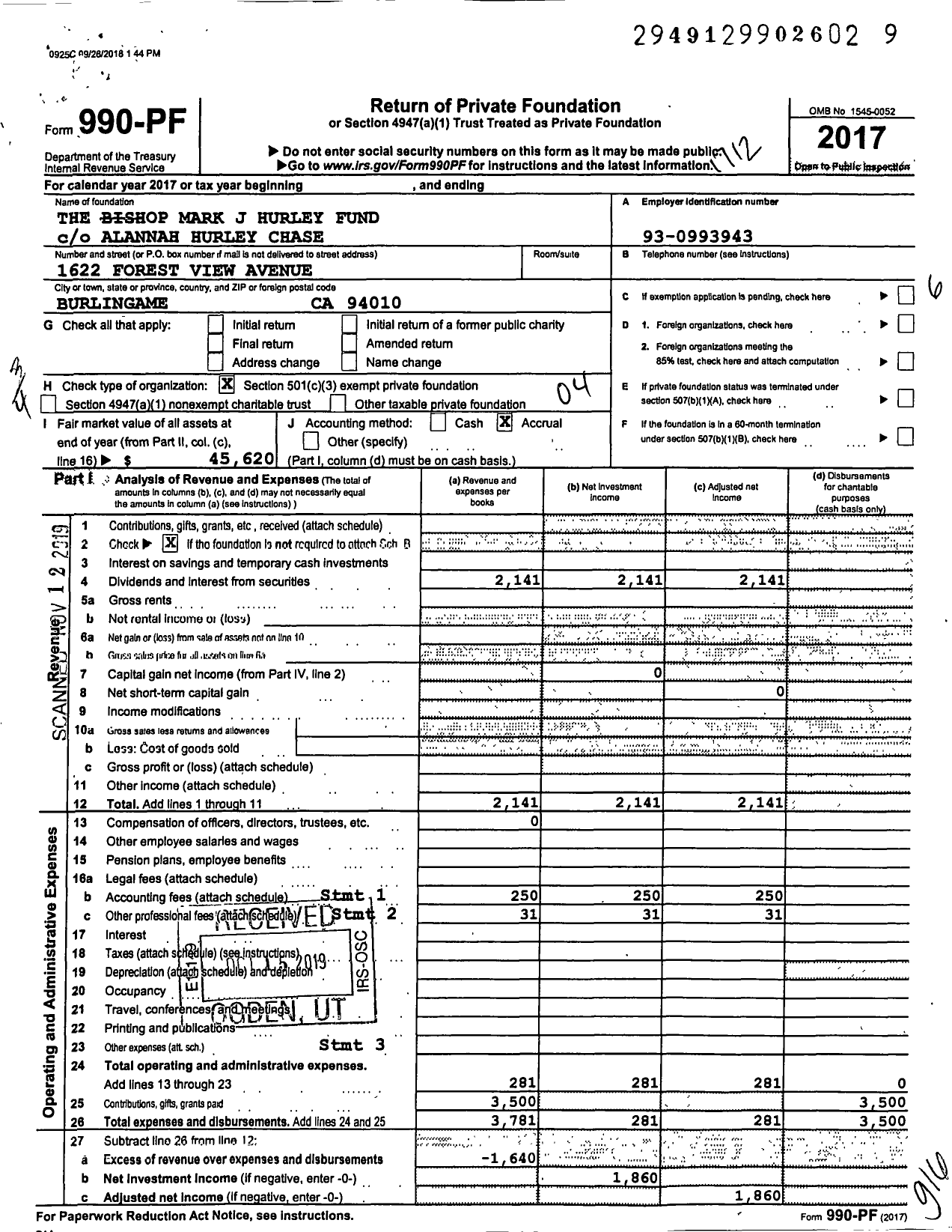 Image of first page of 2017 Form 990PF for The Bishop Mark J Hurley Fund