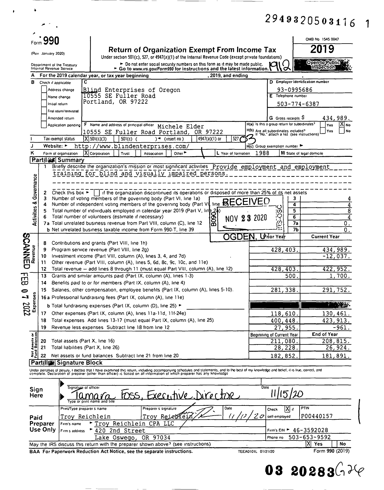 Image of first page of 2019 Form 990 for Blind Enterprises of Oregon