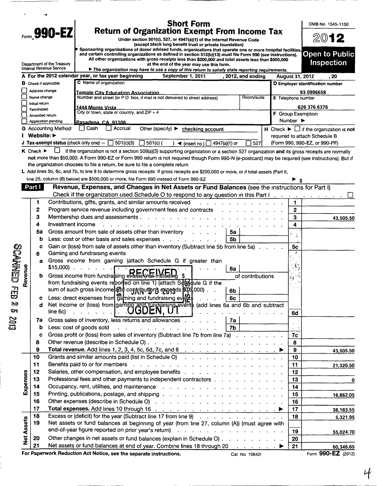 Image of first page of 2011 Form 990EO for California Teachers Association - Temple City Education Association