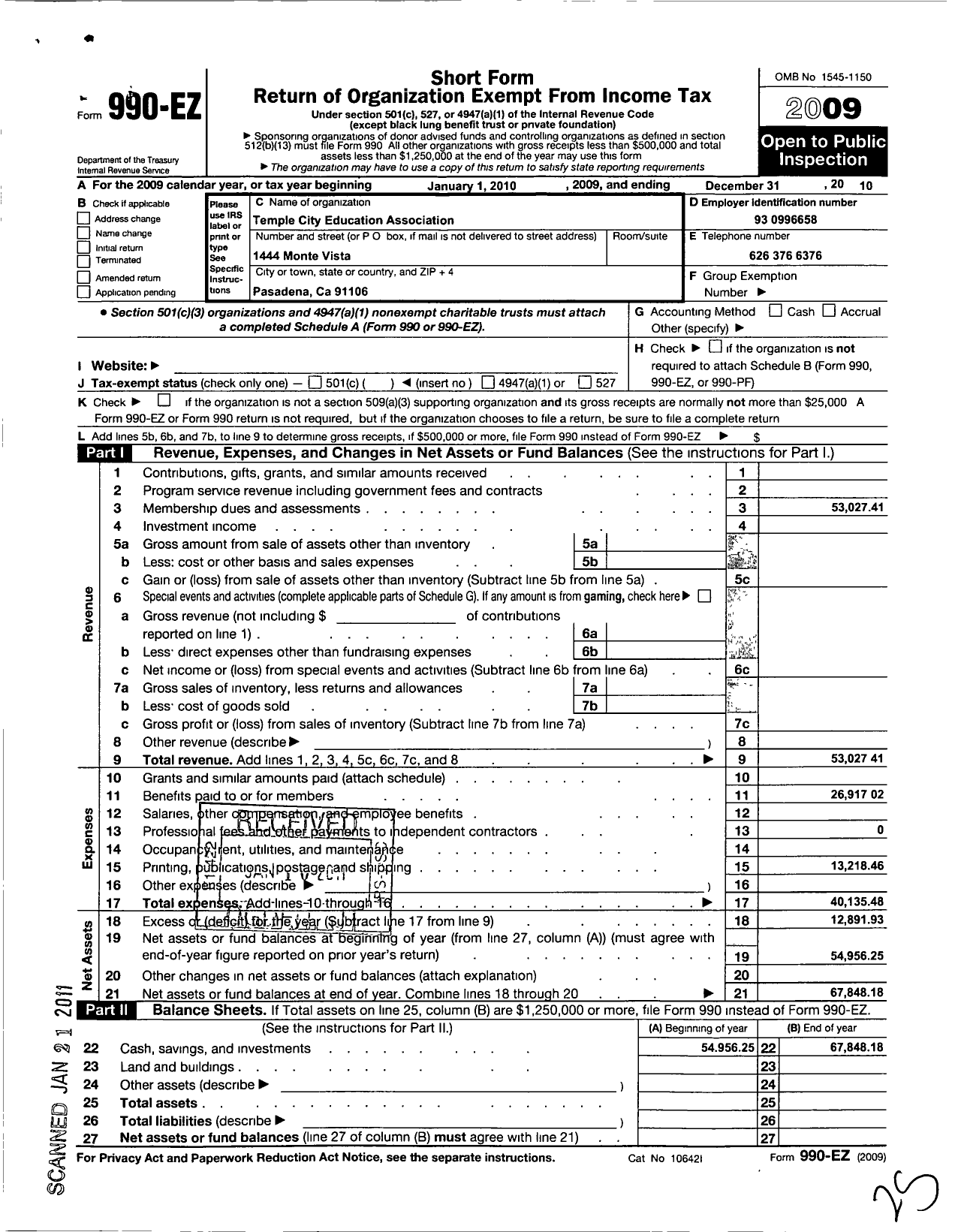 Image of first page of 2010 Form 990EO for California Teachers Association - Temple City Education Association