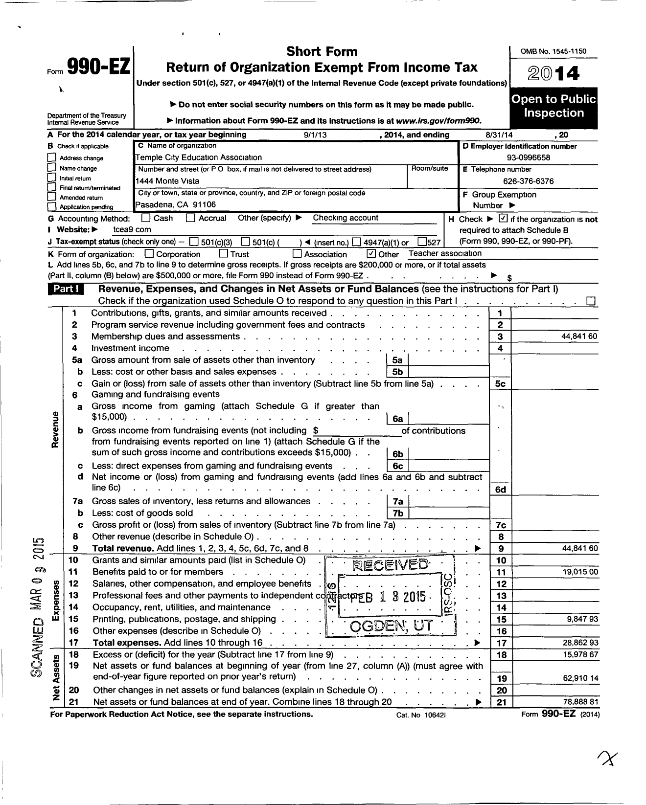 Image of first page of 2013 Form 990EO for California Teachers Association - Temple City Education Association