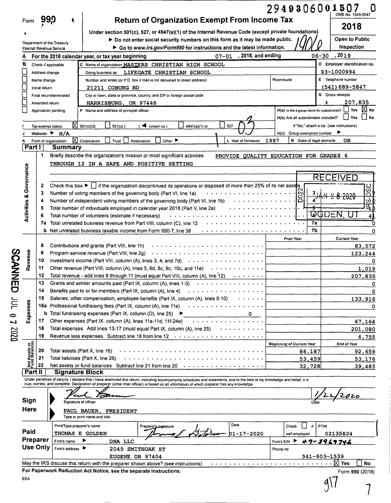 Image of first page of 2018 Form 990 for Lifegate Christian School