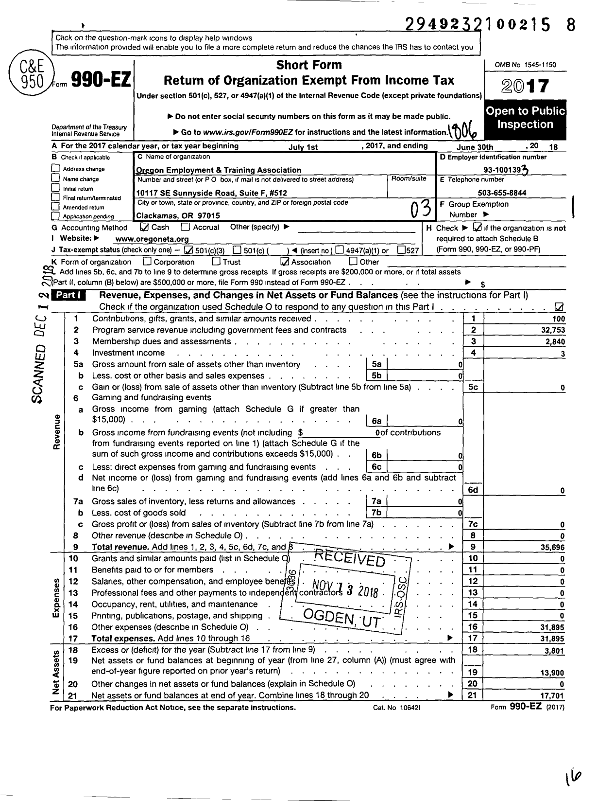 Image of first page of 2017 Form 990EZ for Oregon Employment and Training Association PMB No 173