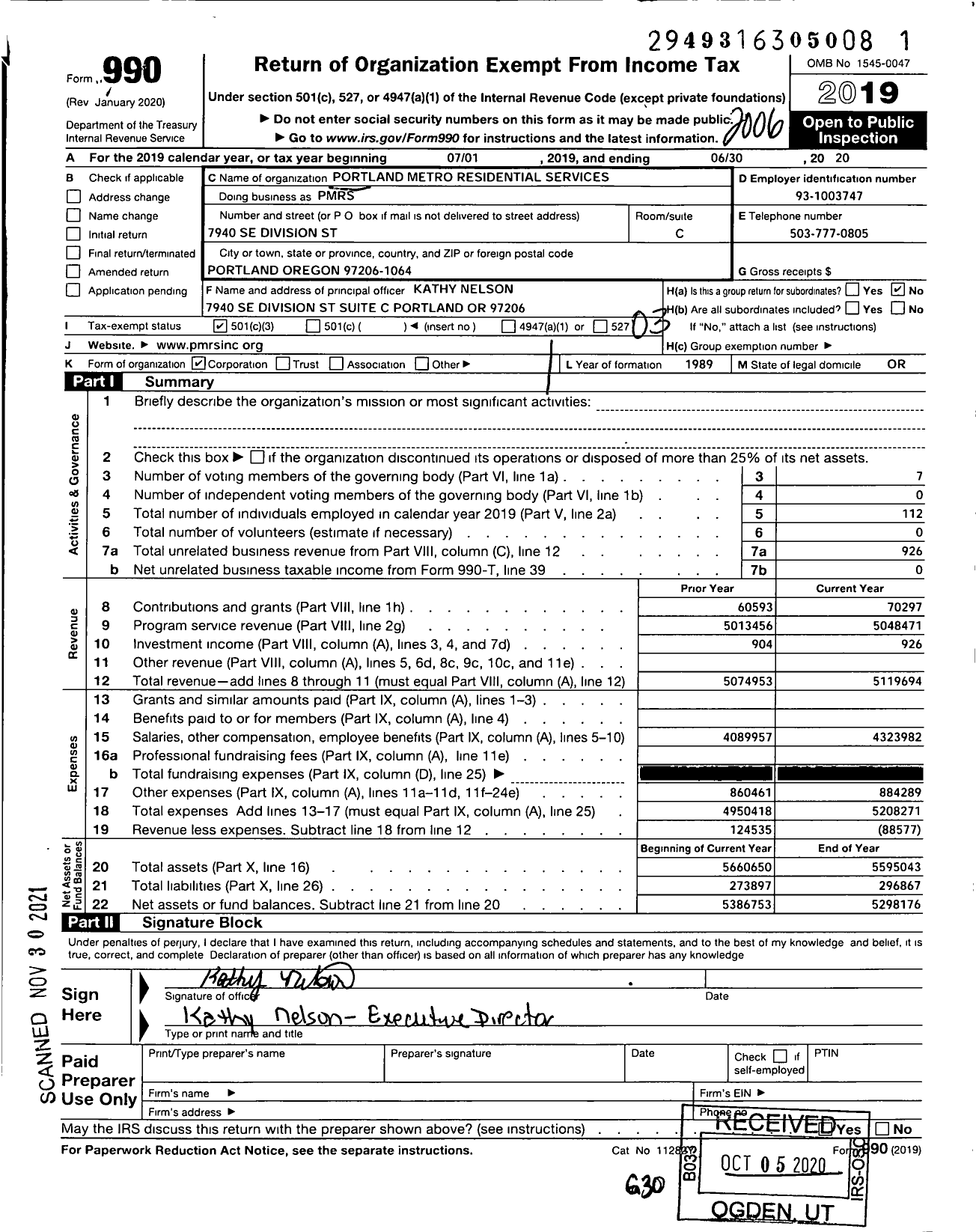 Image of first page of 2019 Form 990 for Portland Metro Residential Services (PMRS)