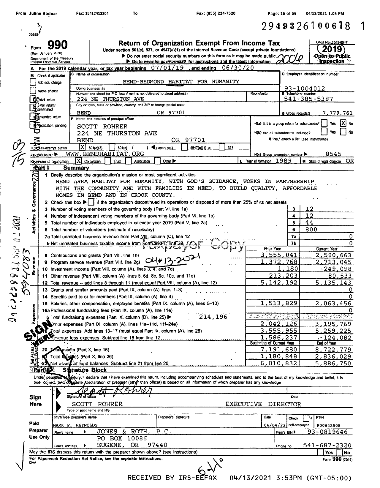 Image of first page of 2019 Form 990 for Habitat for Humanity - Bend Area Habitat for Humanity