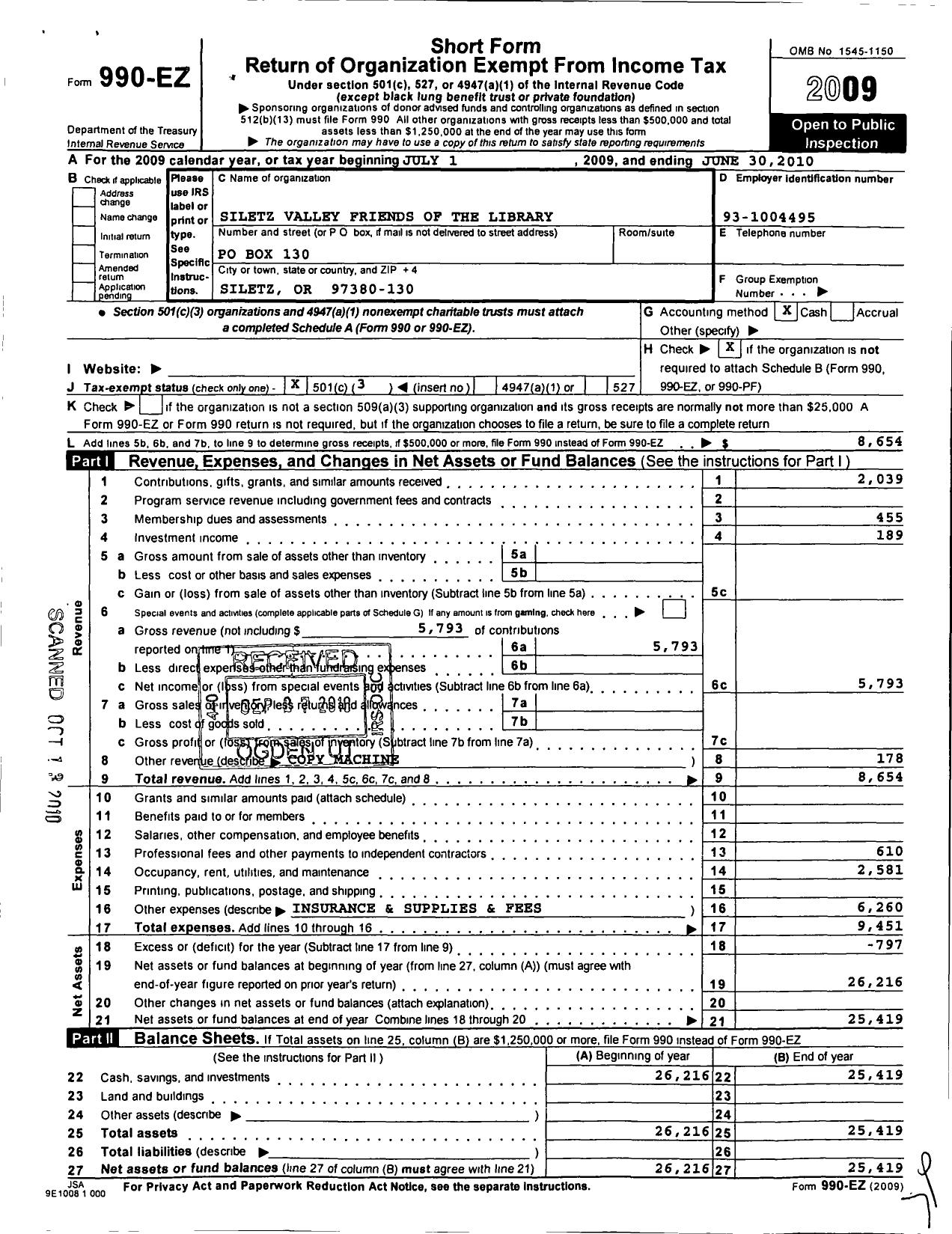 Image of first page of 2009 Form 990EZ for Siletz Valley Friends of the Library