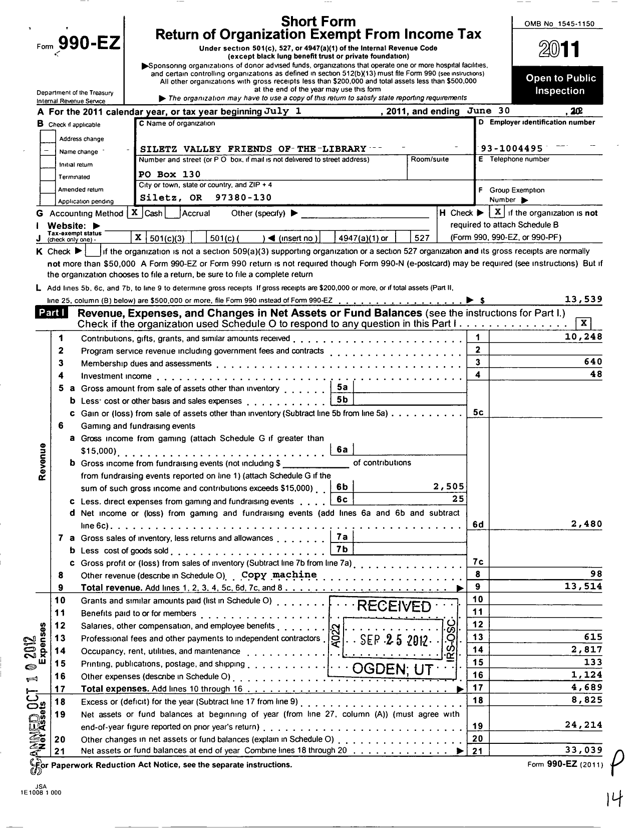 Image of first page of 2011 Form 990EZ for Siletz Valley Friends of the Library