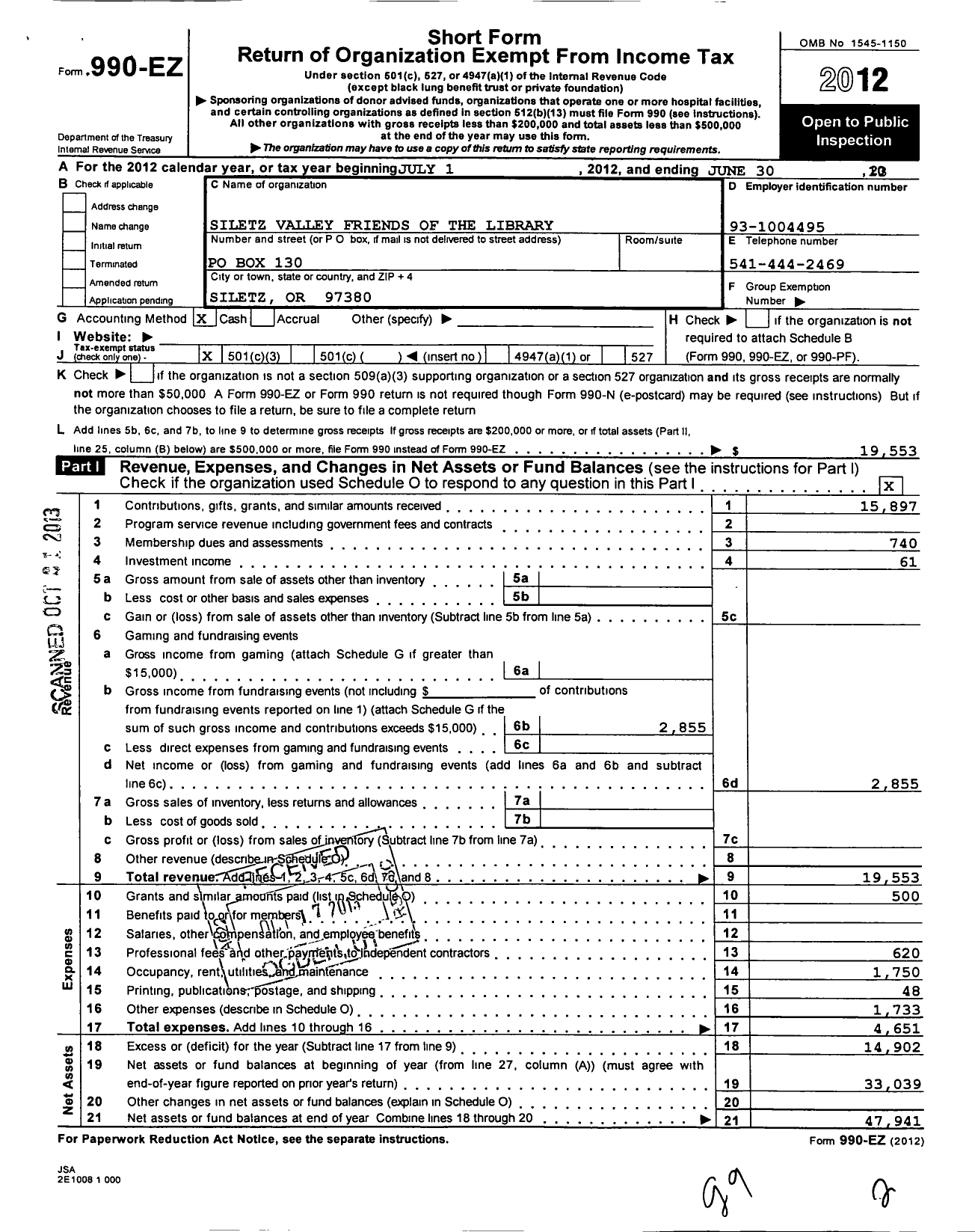 Image of first page of 2011 Form 990EZ for Siletz Valley Friends of the Library