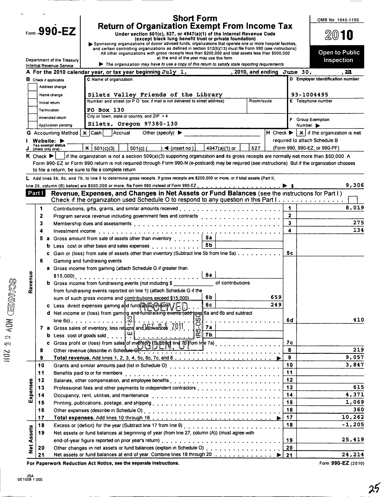 Image of first page of 2009 Form 990EZ for Siletz Valley Friends of the Library