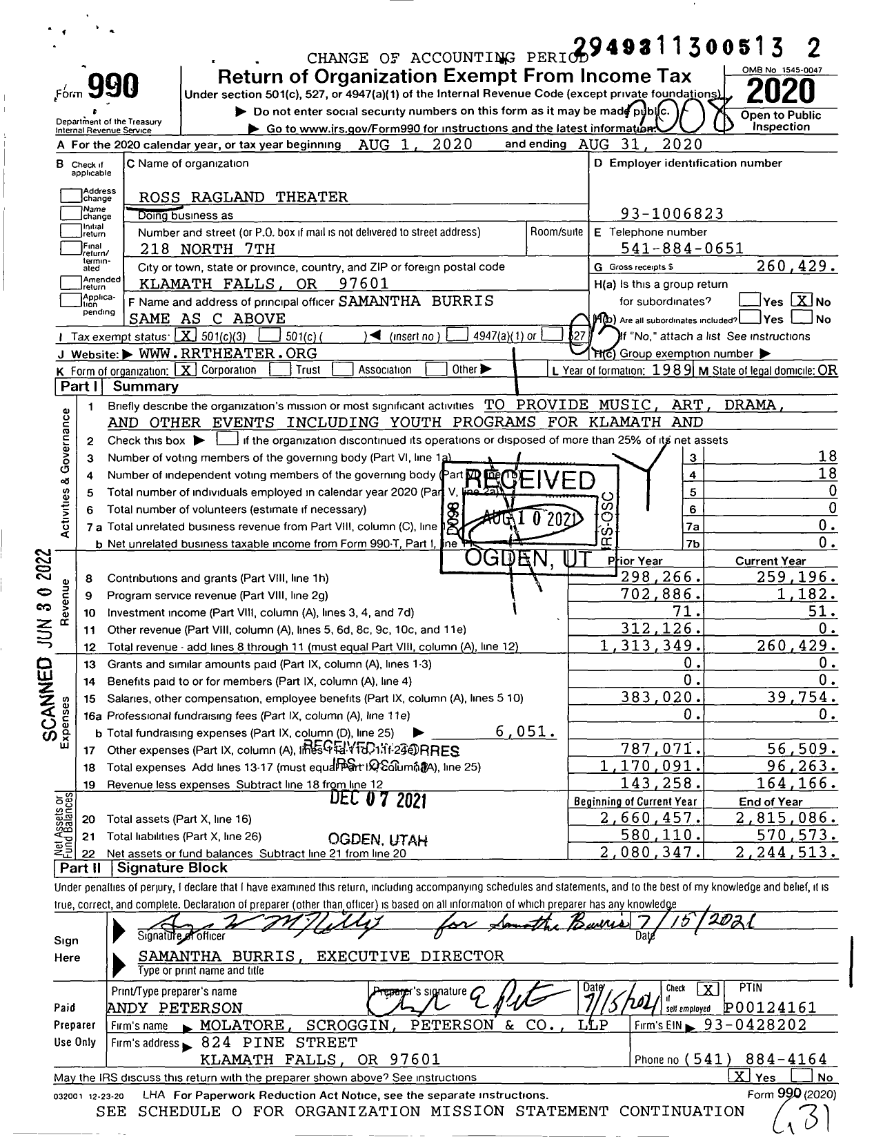 Image of first page of 2019 Form 990 for Ross Ragland Theater and Cultural C (RRT)