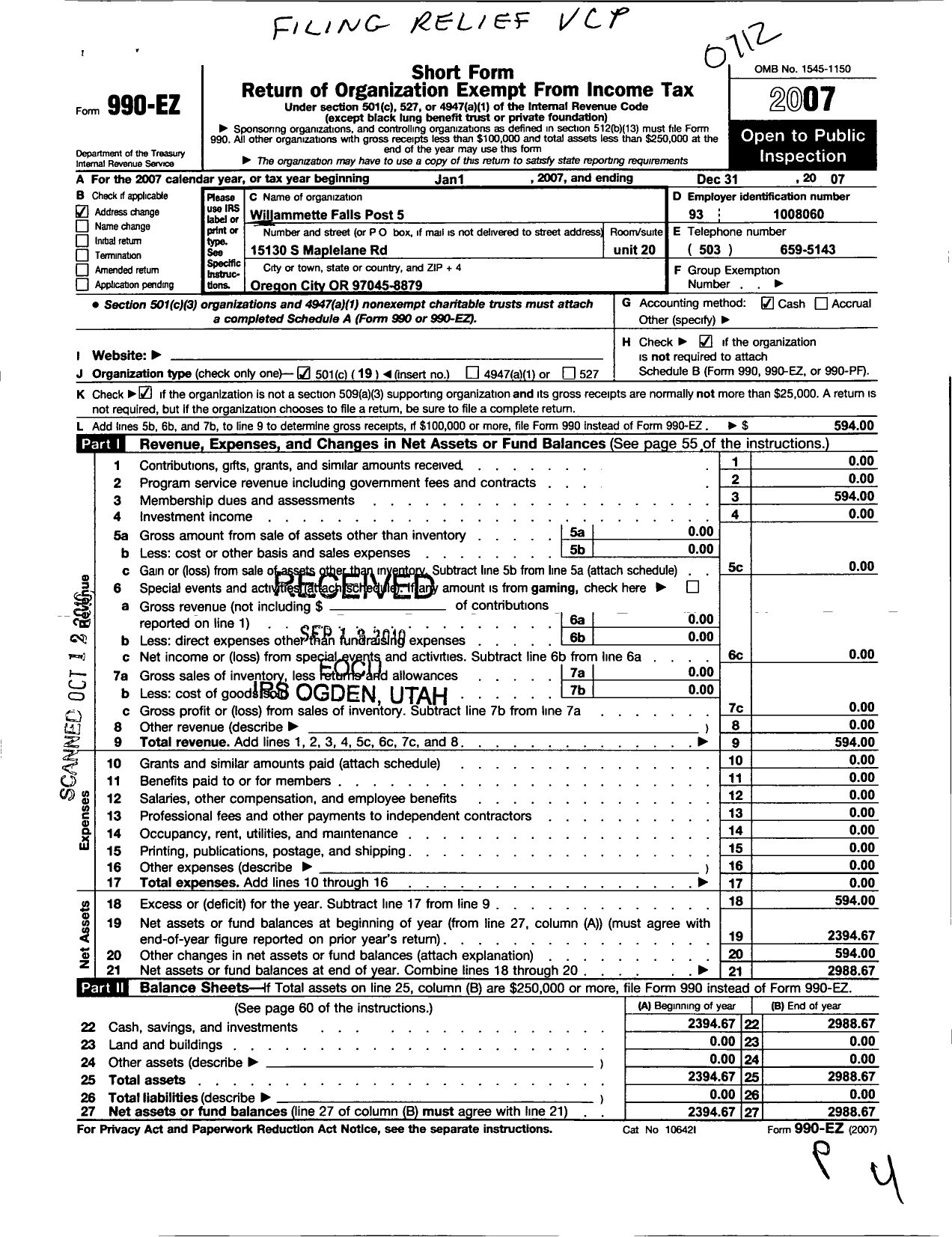 Image of first page of 2007 Form 990EO for American Legion - Willamette Falls Post 5