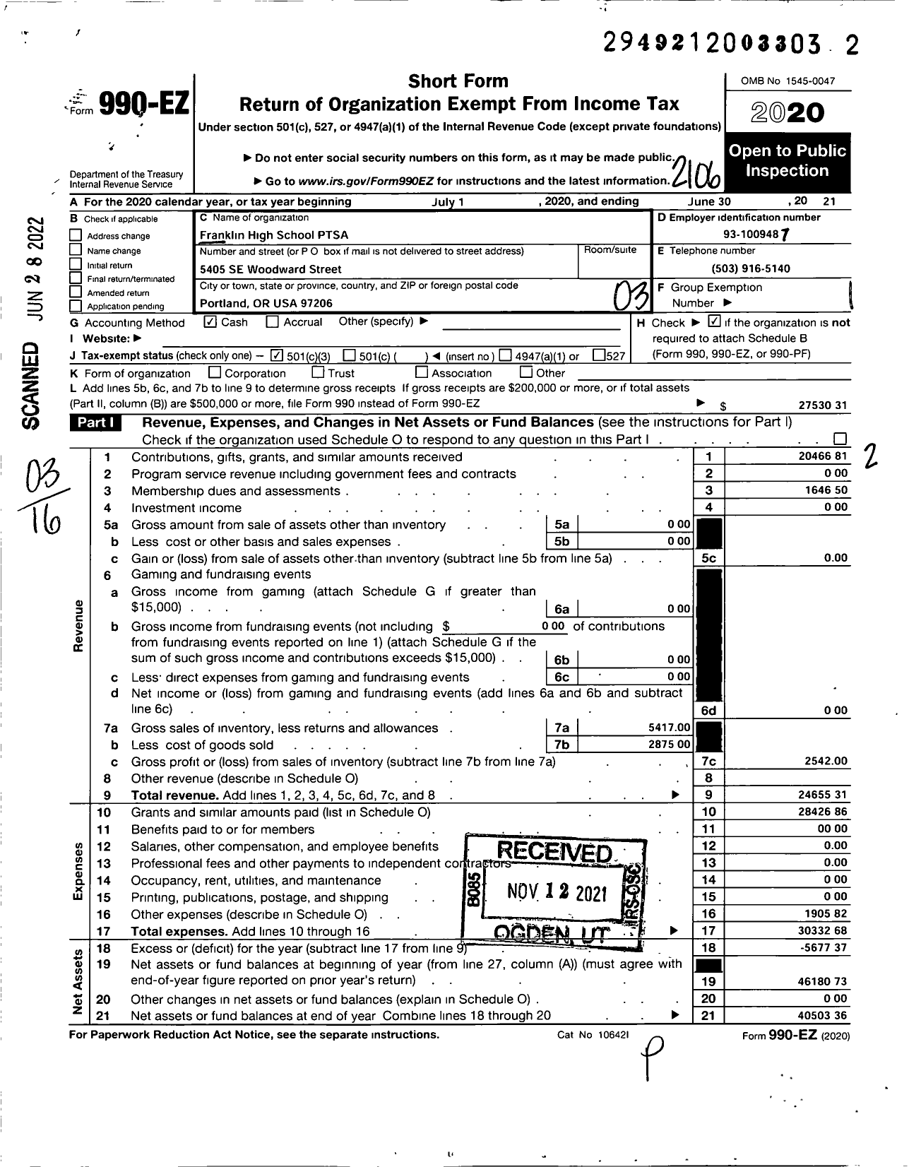 Image of first page of 2020 Form 990EZ for PTA Oregon Congress / Franklin Quaker Ptsa