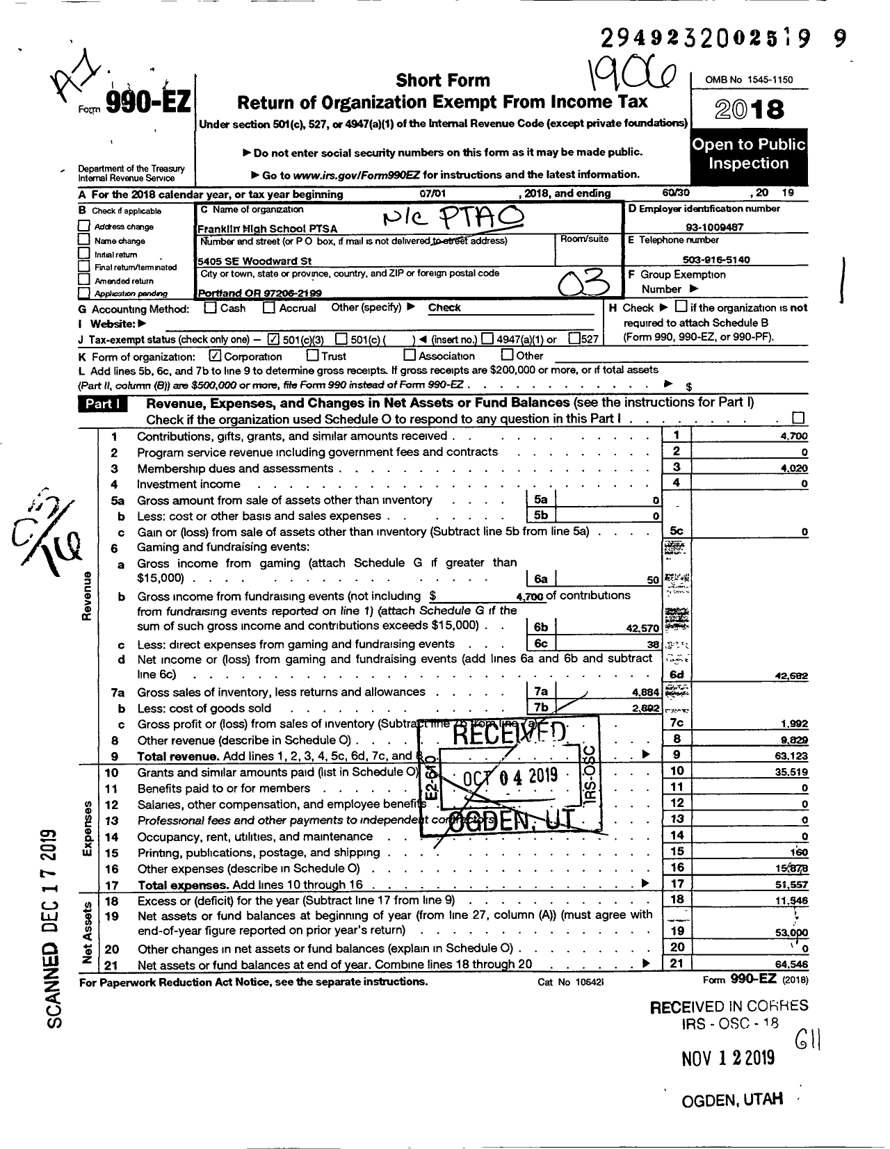 Image of first page of 2018 Form 990EZ for PTA Oregon Congress / Franklin Quaker Ptsa