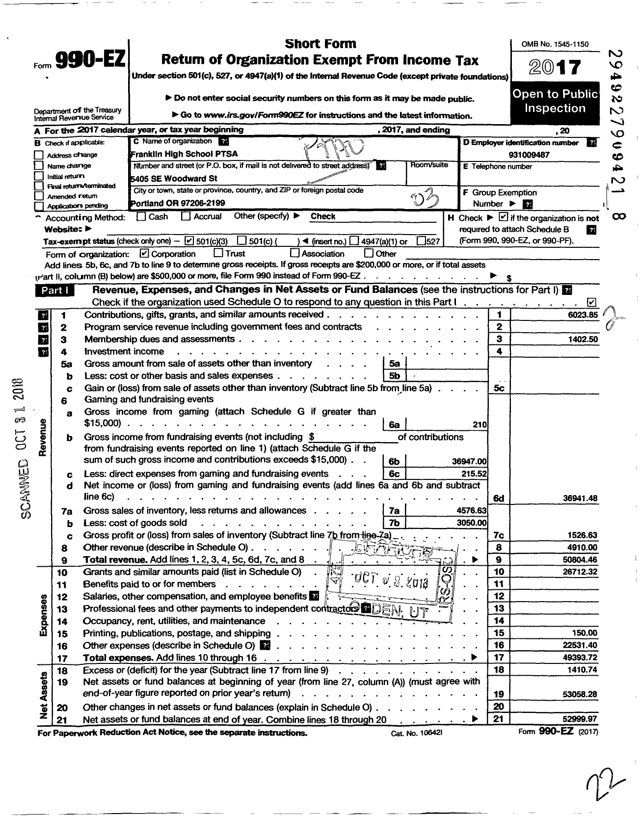 Image of first page of 2017 Form 990EZ for PTA Oregon Congress / Franklin Quaker Ptsa