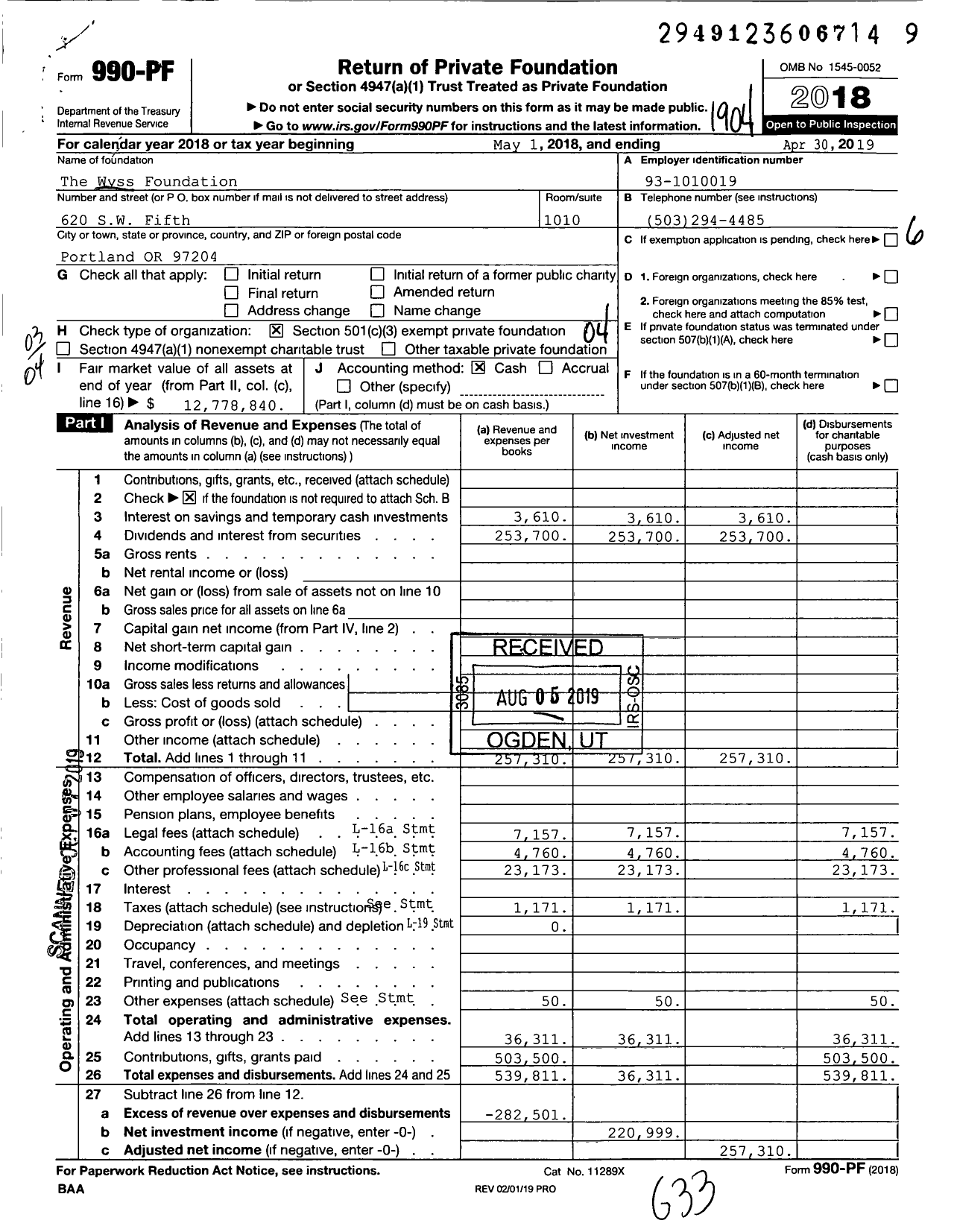 Image of first page of 2018 Form 990PF for Wyss Foundation