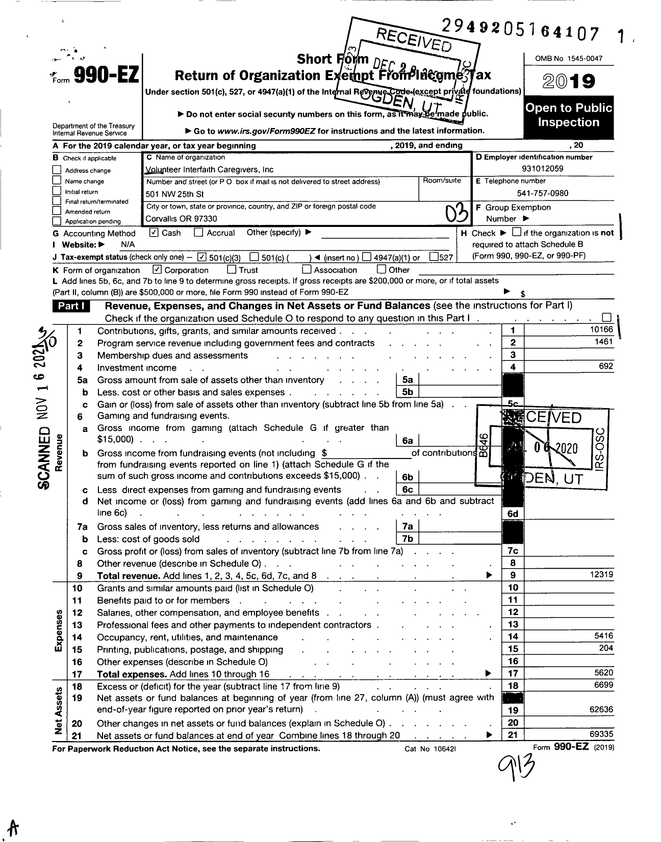 Image of first page of 2019 Form 990EZ for Volunteer Interfaith Caregivers of Corvallis