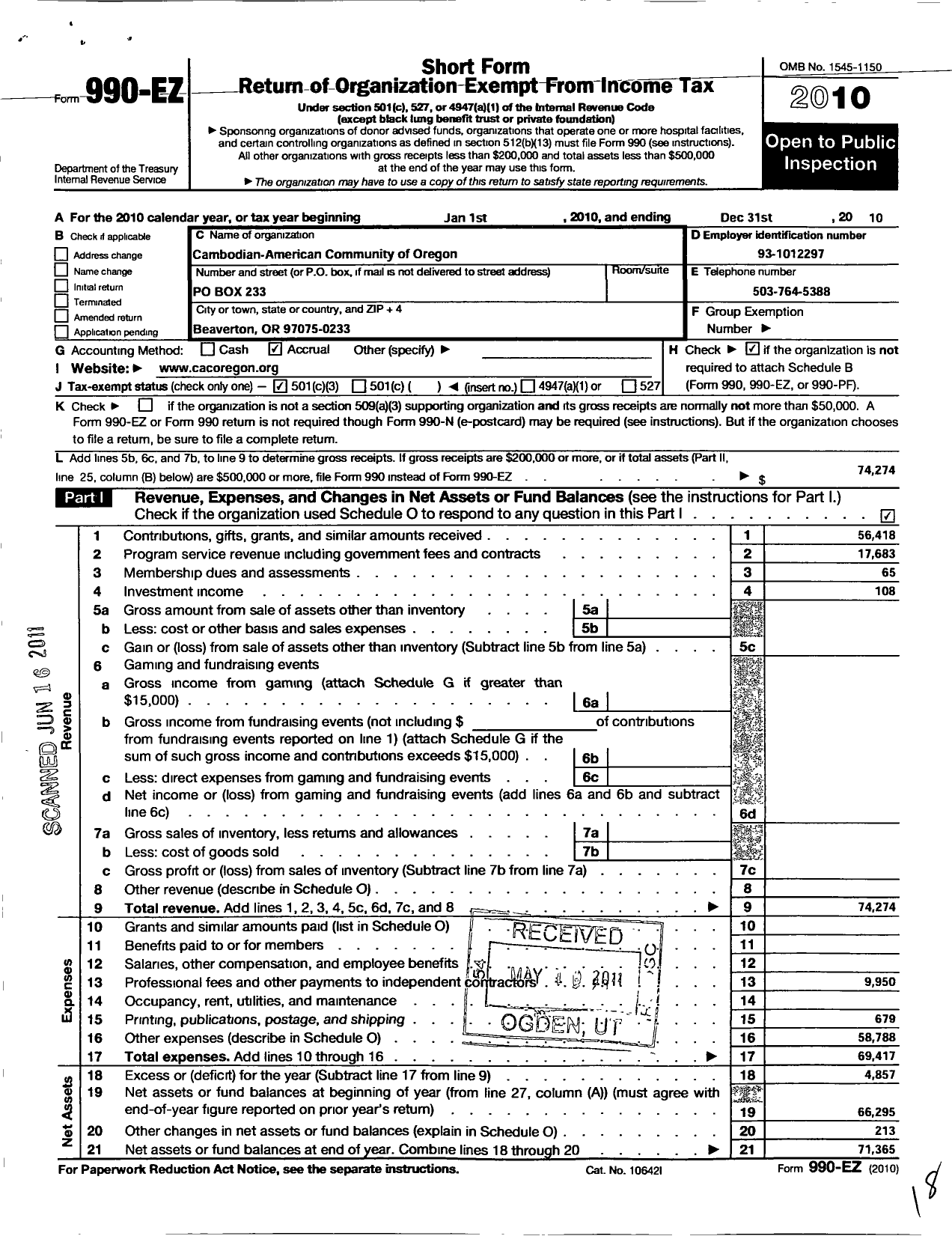 Image of first page of 2010 Form 990EZ for Cambodian-American Community of Oregon