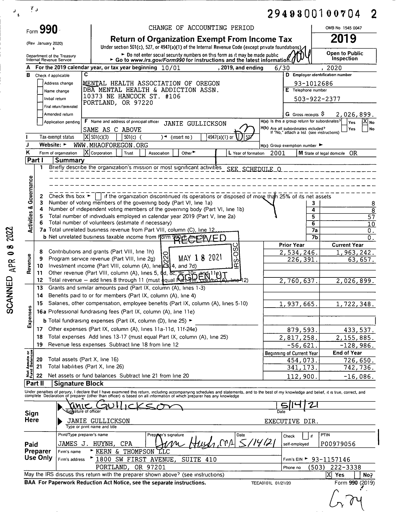 Image of first page of 2019 Form 990 for Mental Health & Addiction Association of Oregon