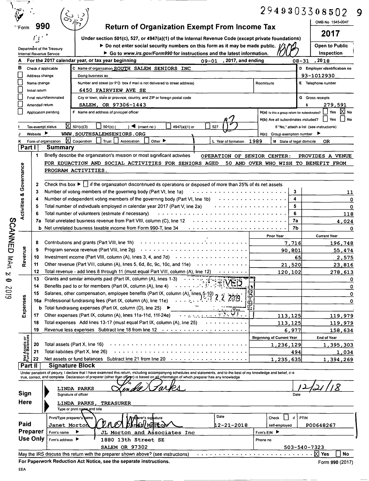 Image of first page of 2017 Form 990 for South Salem Seniors