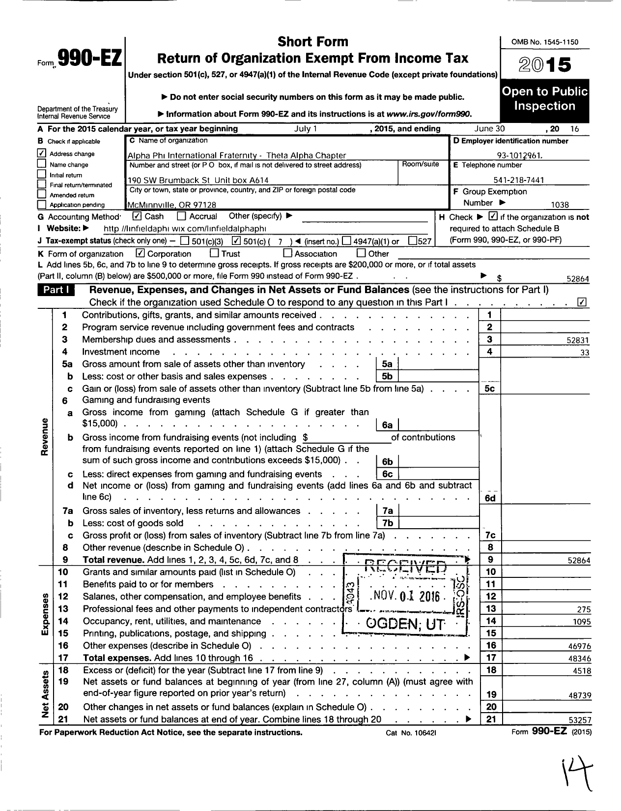 Image of first page of 2015 Form 990EO for Alpha Phi - Theta Alpha