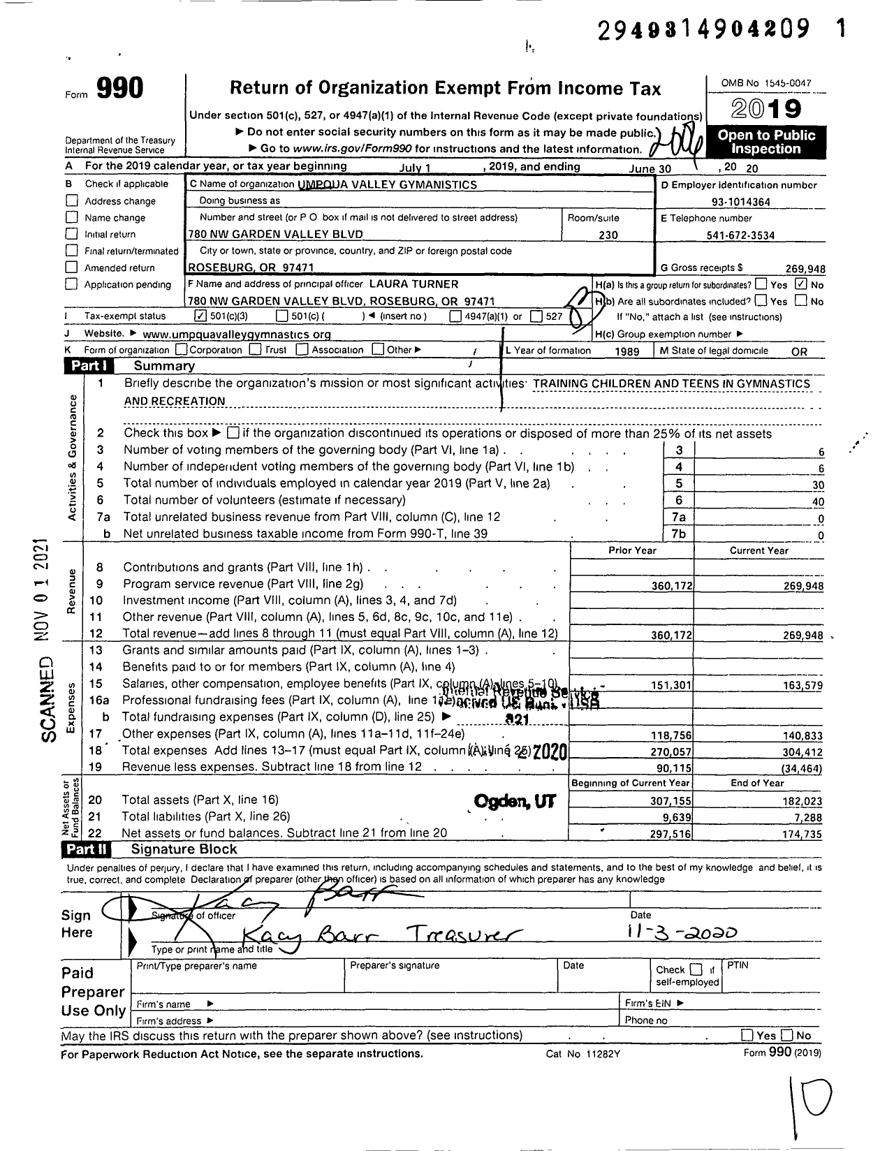 Image of first page of 2019 Form 990 for Umpqua Valley Gymnastics