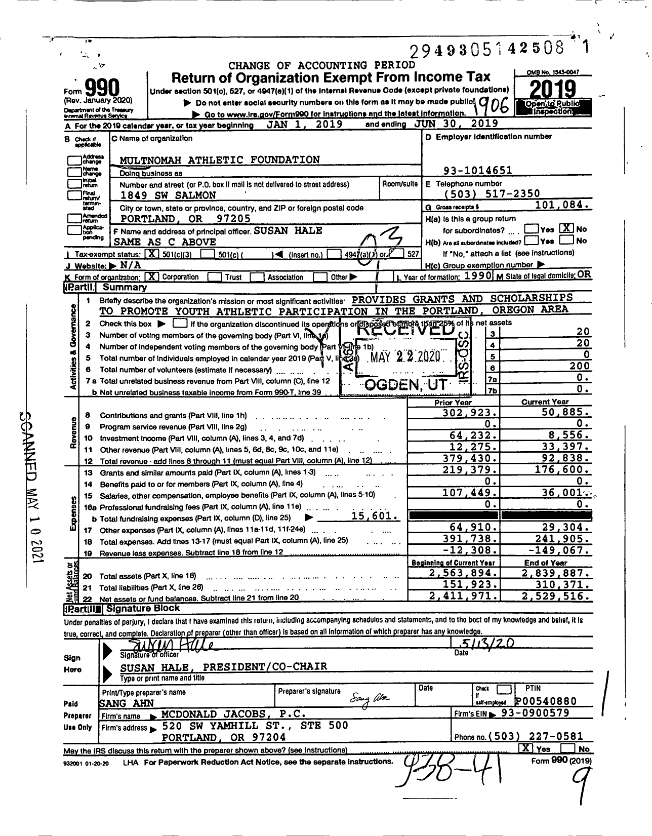 Image of first page of 2018 Form 990 for Multnomah Athletic Foundation