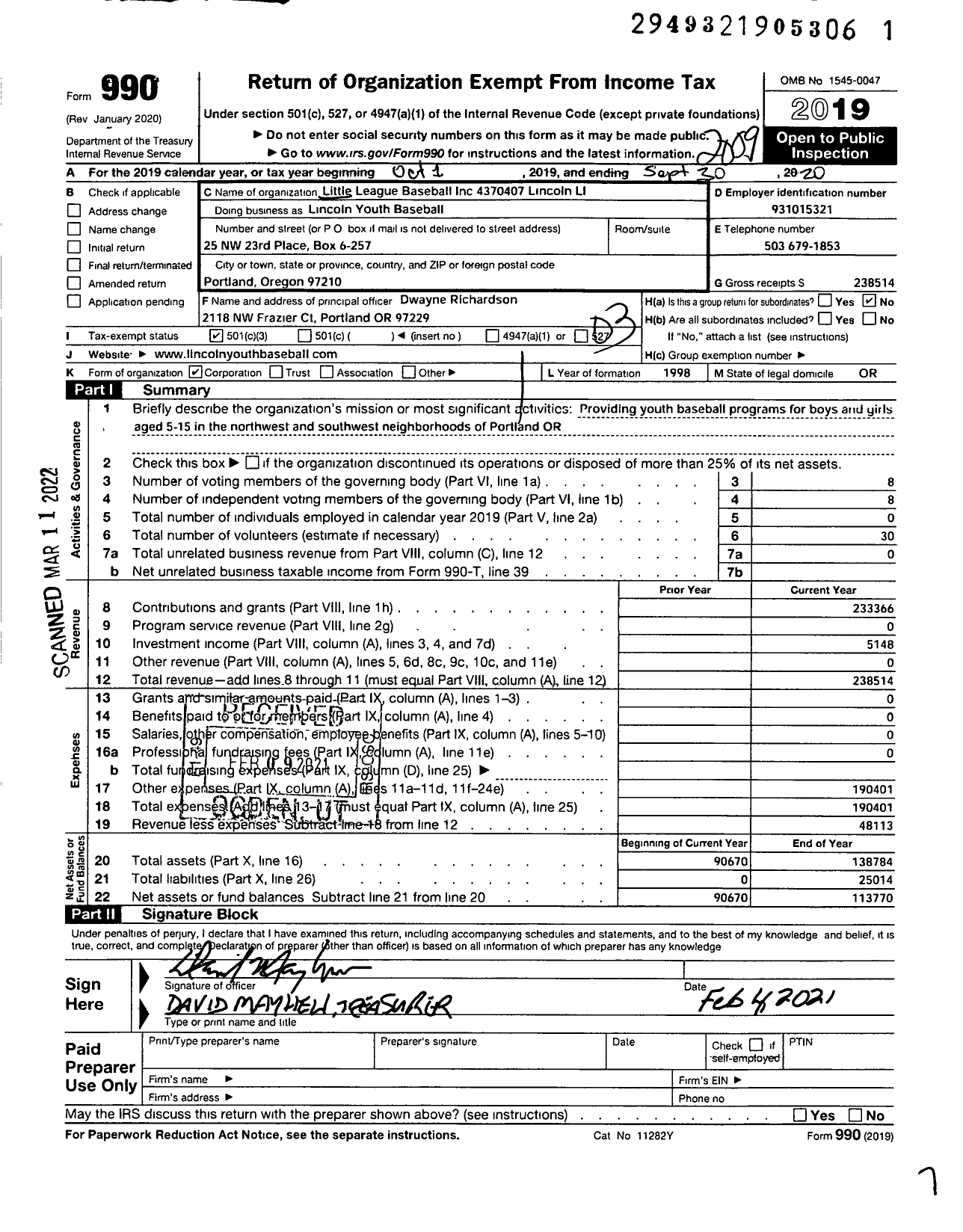 Image of first page of 2019 Form 990 for LITTLE LEAGUE Baseball - 4370407 Lincoln LL