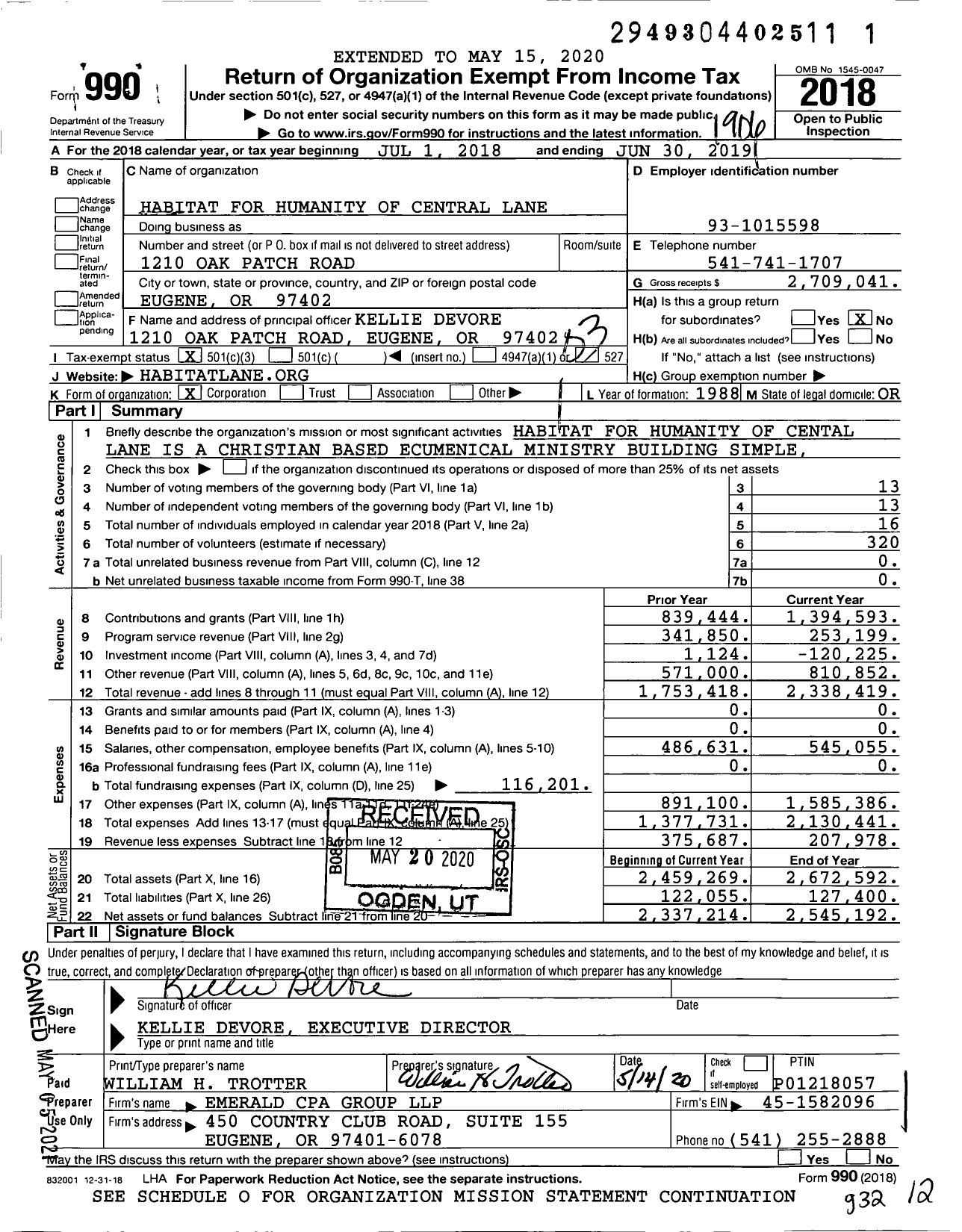 Image of first page of 2018 Form 990 for Habitat for Humanity Springfield / Eugene