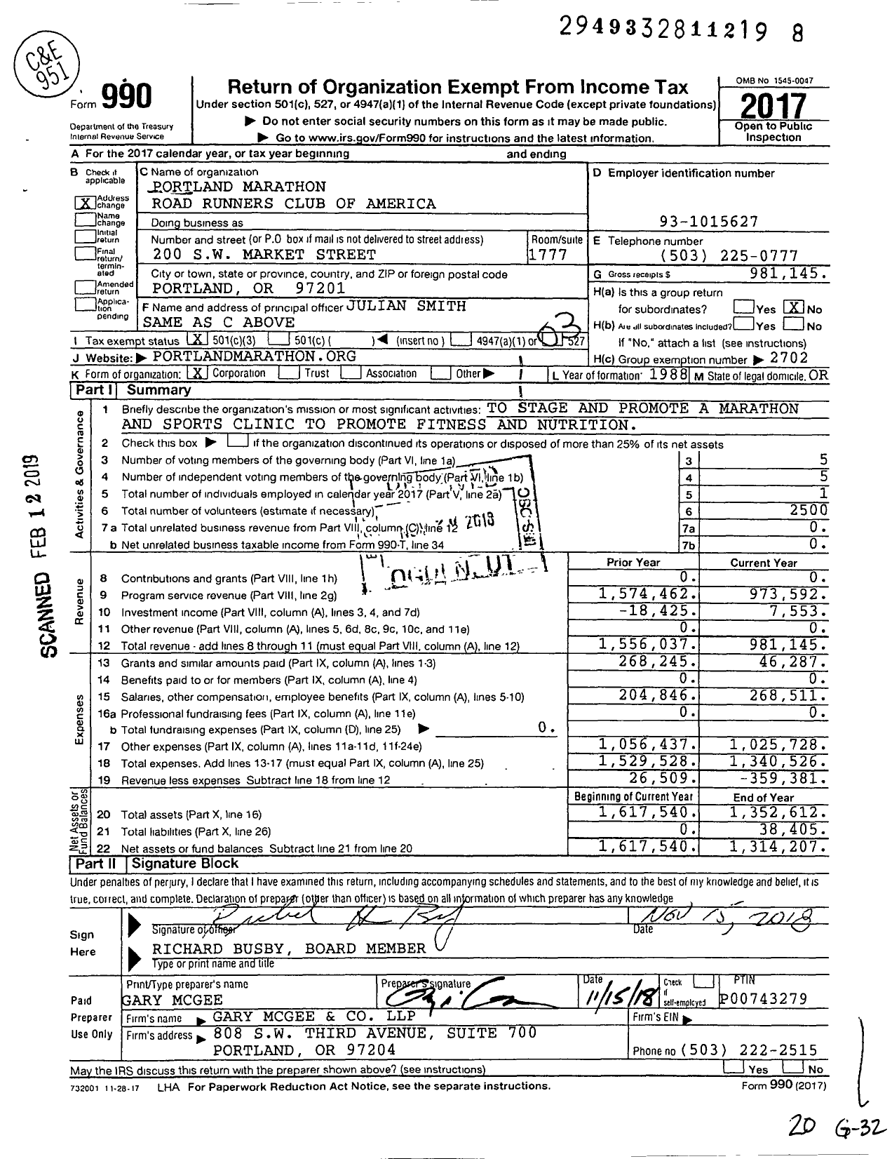 Image of first page of 2017 Form 990 for Portland Marathon