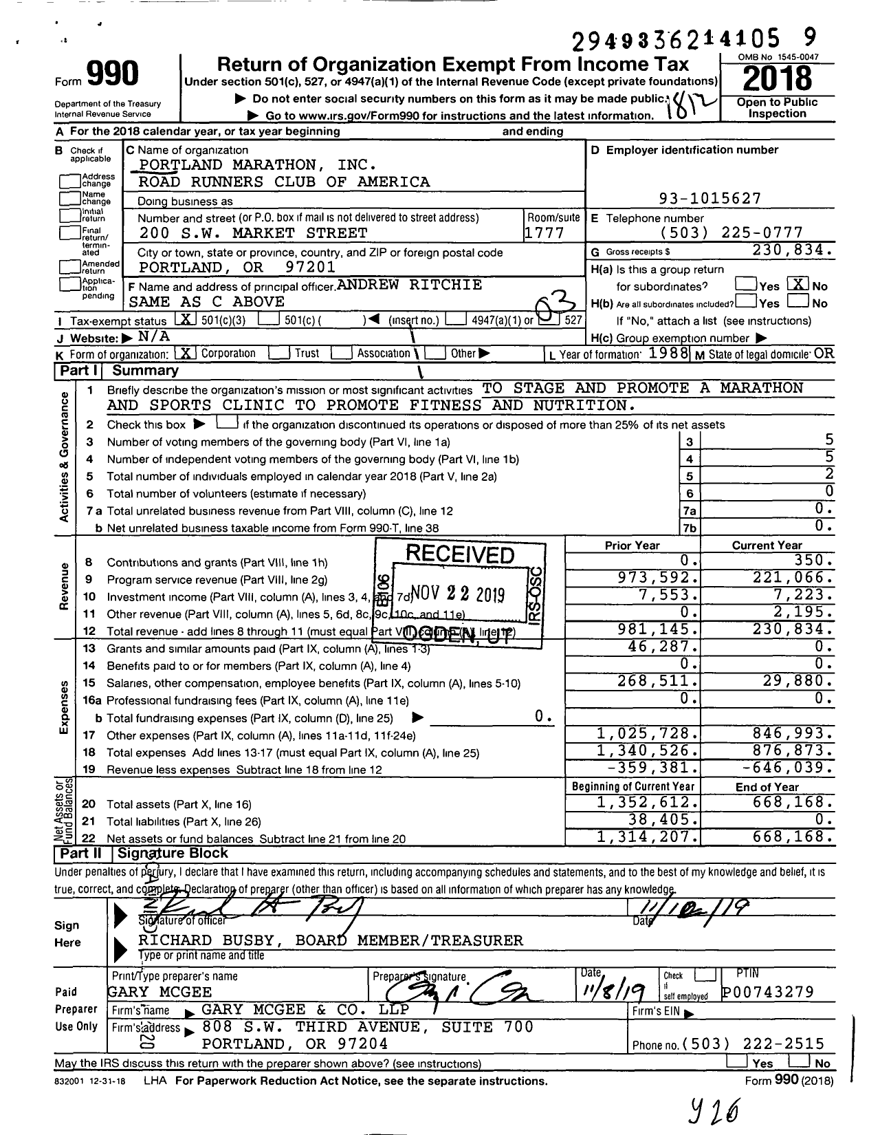 Image of first page of 2018 Form 990 for Portland Marathon