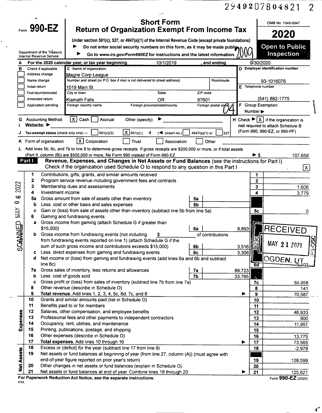 Image of first page of 2019 Form 990EO for Marine Corp League