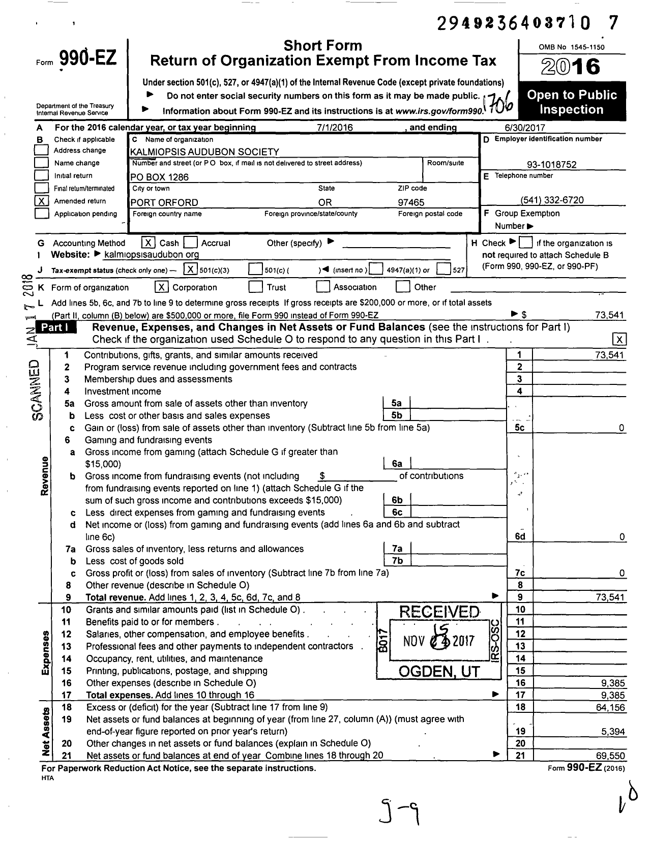 Image of first page of 2016 Form 990EZ for Kalmiopsis Audubon Society