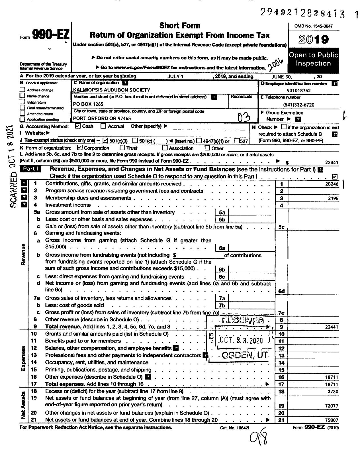 Image of first page of 2019 Form 990EZ for Kalmiopsis Audubon Society