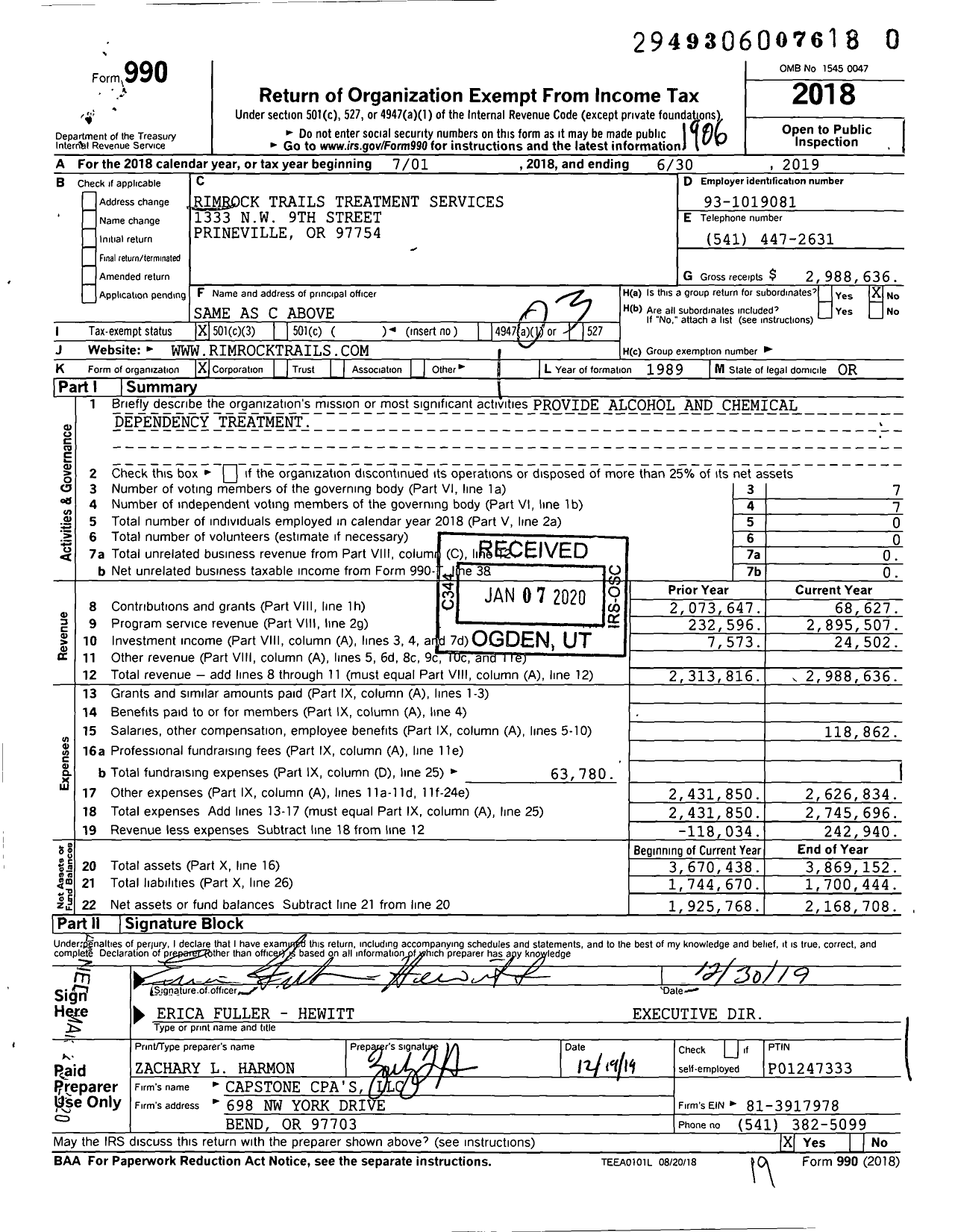 Image of first page of 2018 Form 990 for Rimrock Trails Treatment Services