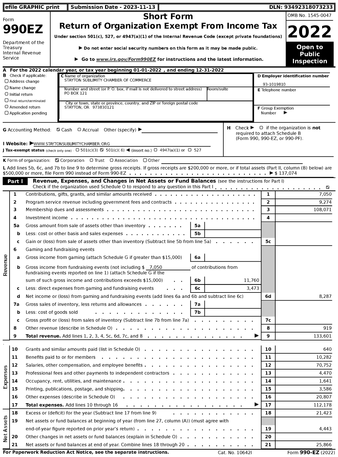 Image of first page of 2022 Form 990EZ for Stayton Sublimity Chamber of Commerce