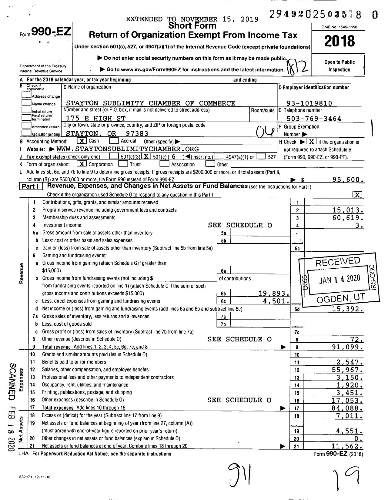 Image of first page of 2018 Form 990EO for Stayton Sublimity Chamber of Commerce