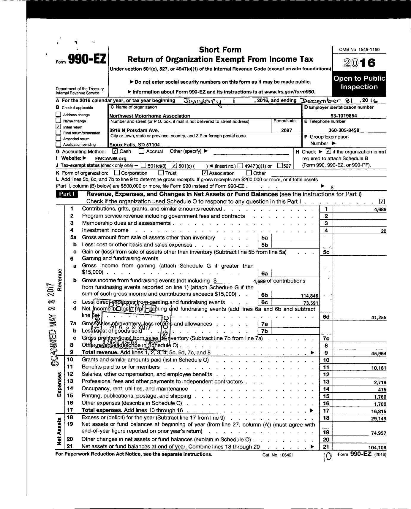 Image of first page of 2016 Form 990EO for Northwest Motorhome Home Area Association