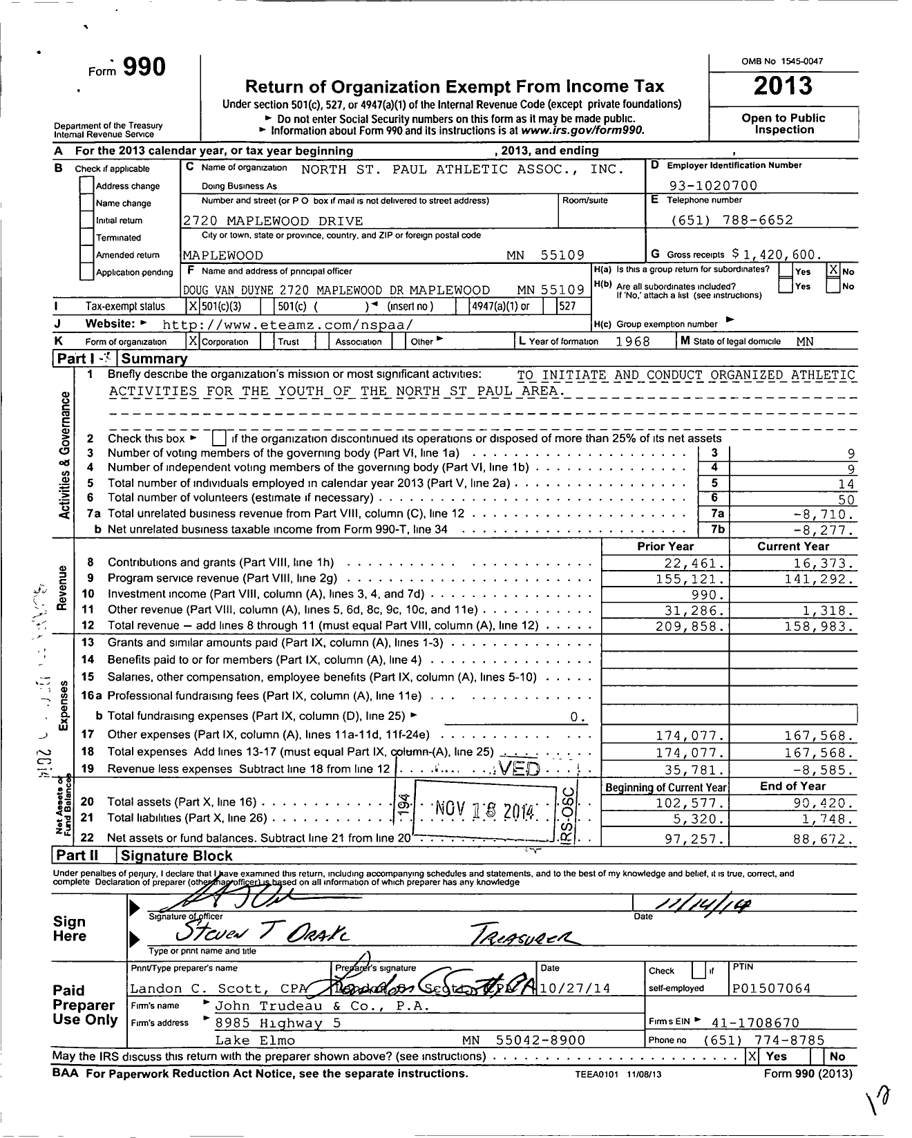 Image of first page of 2013 Form 990 for North St Paul Athletic Association