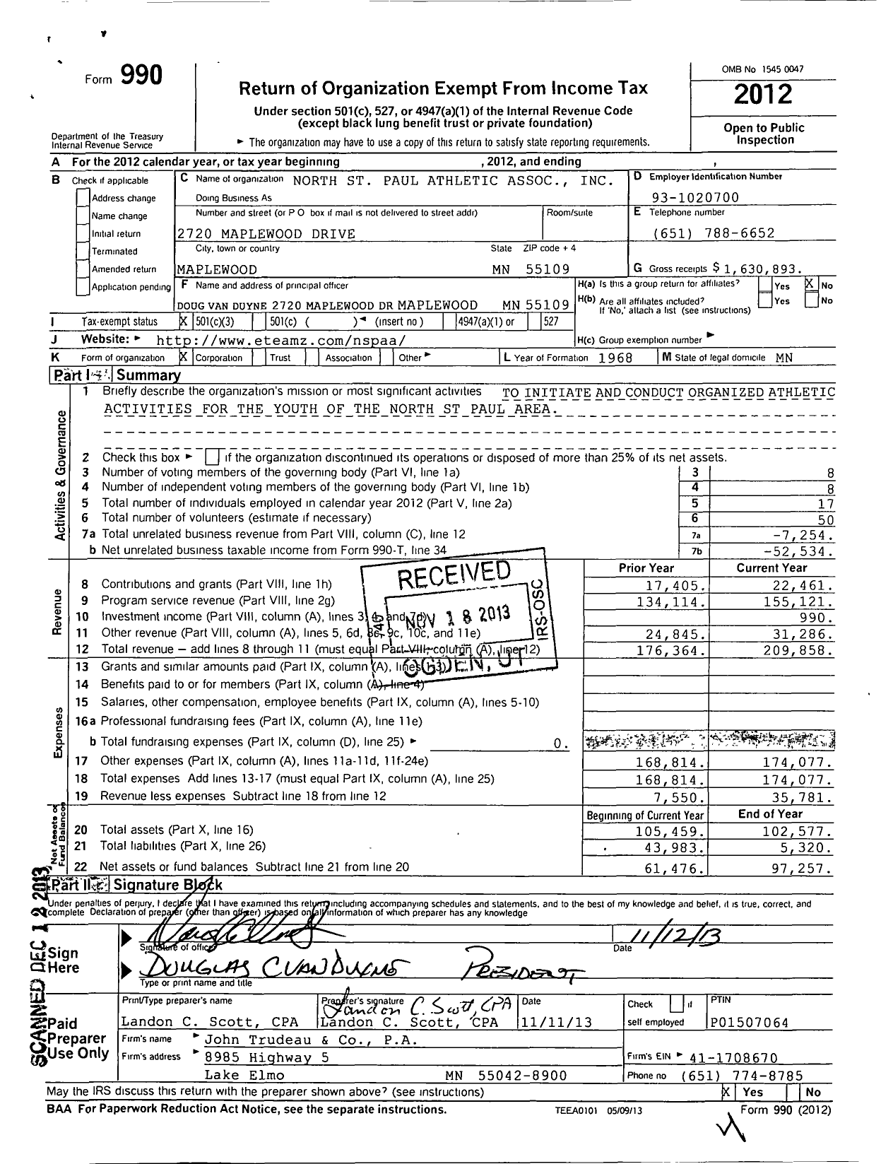 Image of first page of 2012 Form 990 for North St Paul Athletic Association