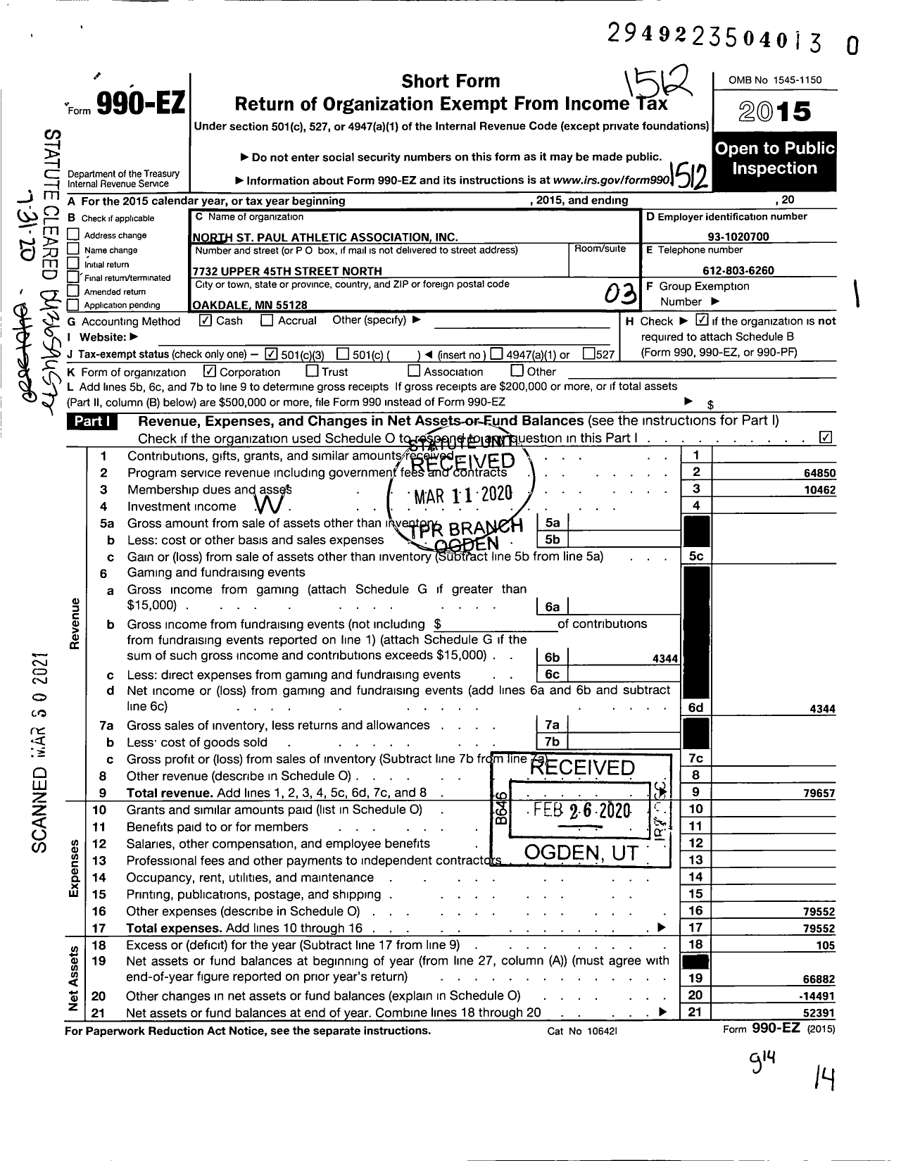 Image of first page of 2015 Form 990EZ for North St Paul Athletic Association