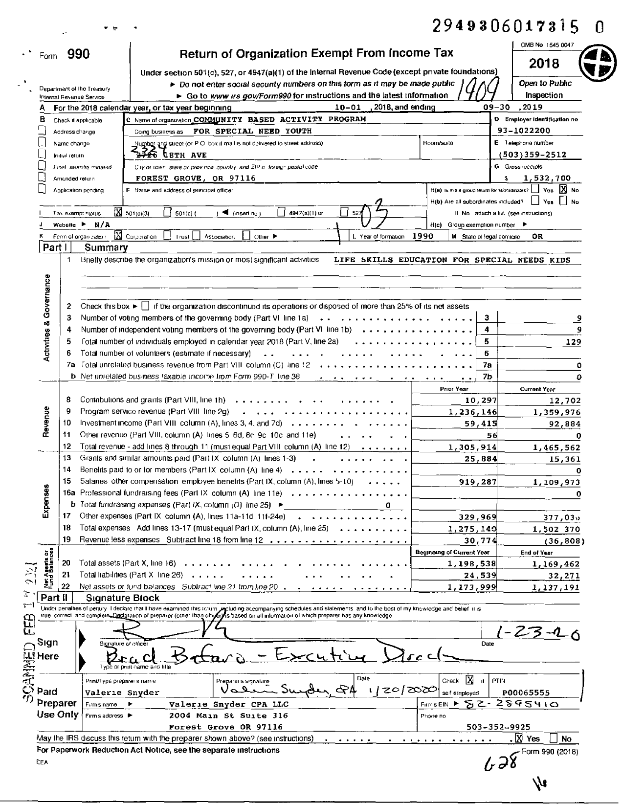 Image of first page of 2018 Form 990 for Community Based Activity Program for Special Need Youth