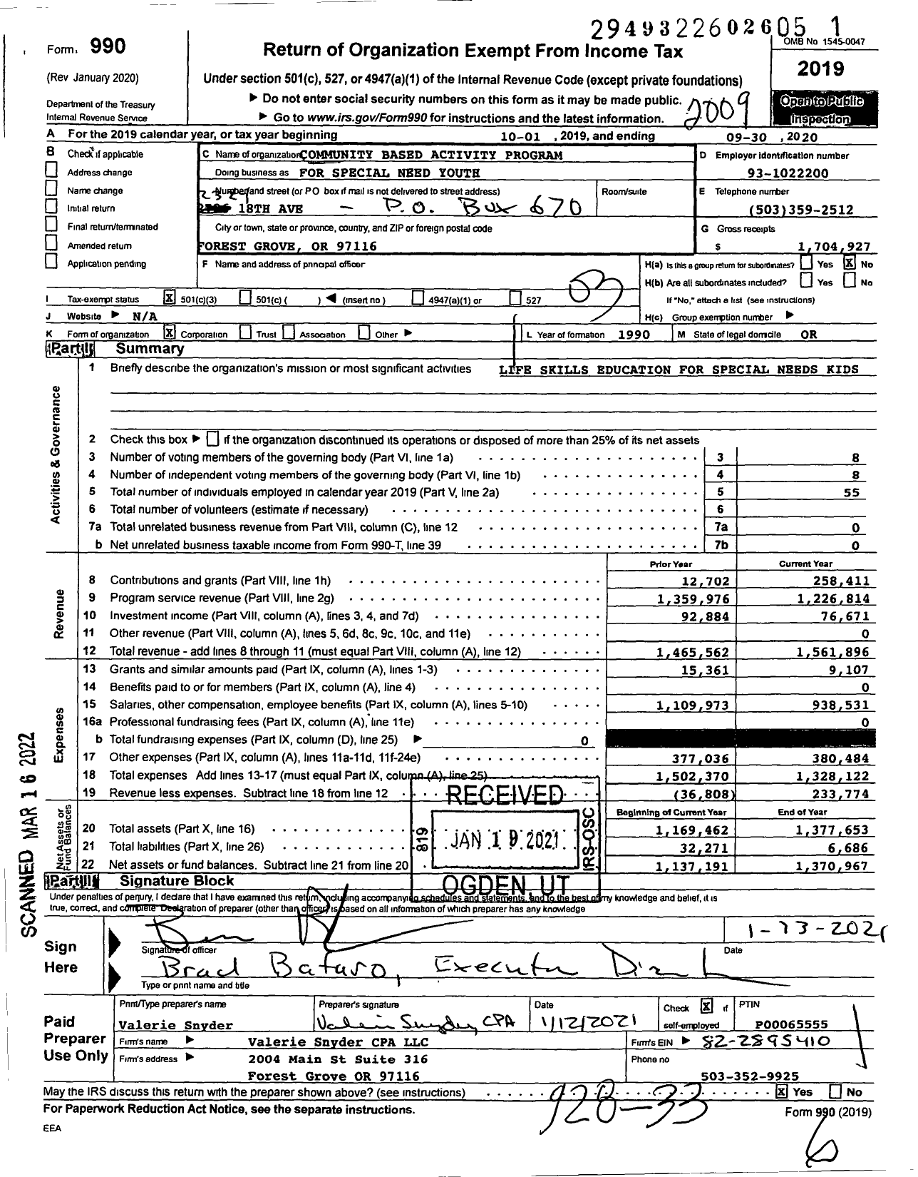 Image of first page of 2019 Form 990 for Community Based Activity Program for Special Need Youth