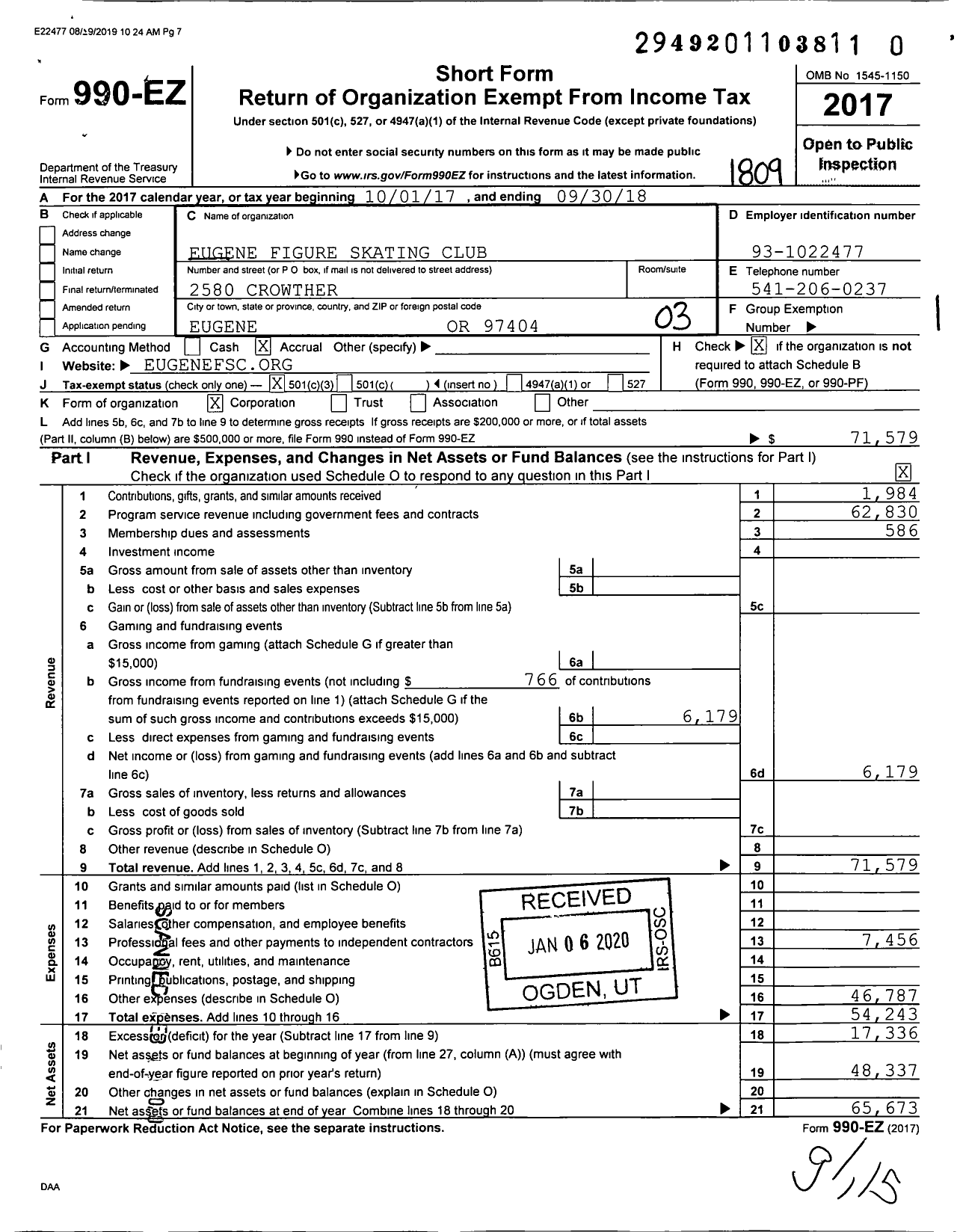 Image of first page of 2017 Form 990EZ for Eugene Figure Skating Club