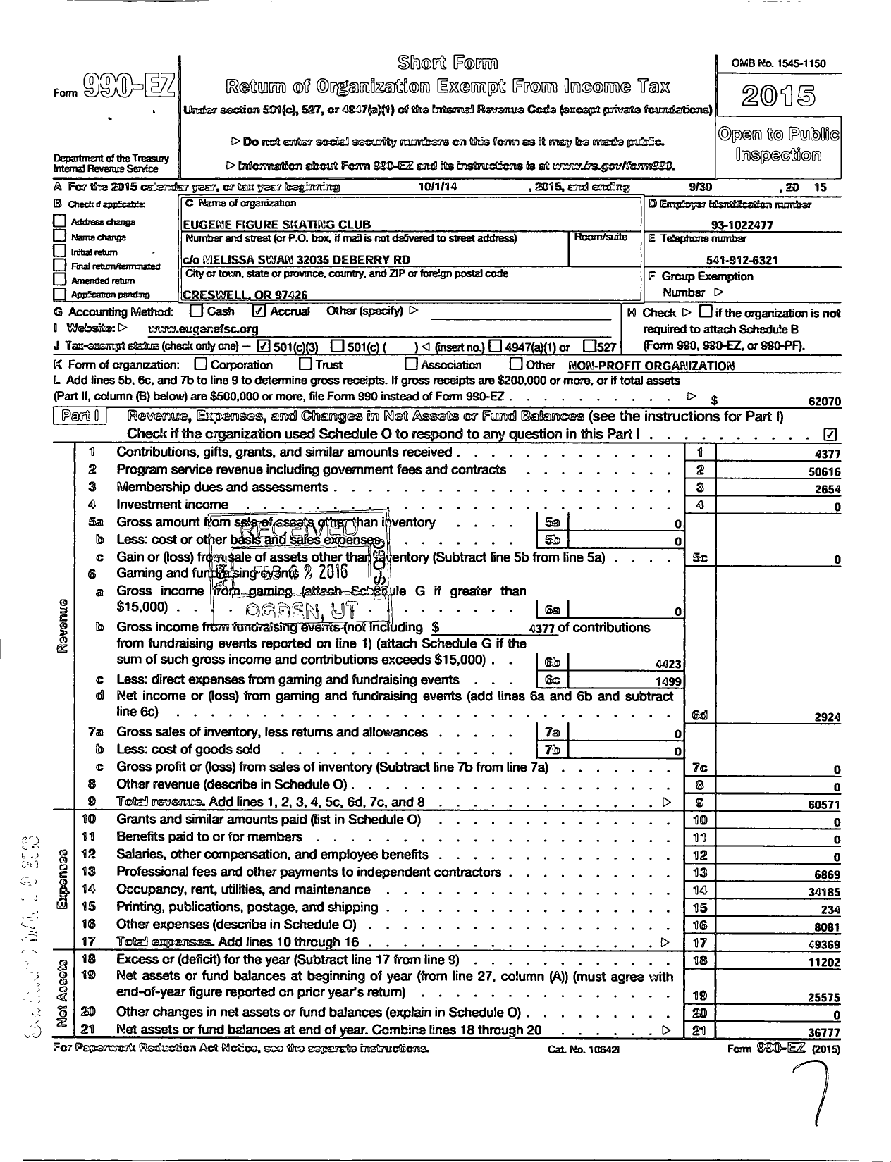 Image of first page of 2014 Form 990EZ for Eugene Figure Skating Club