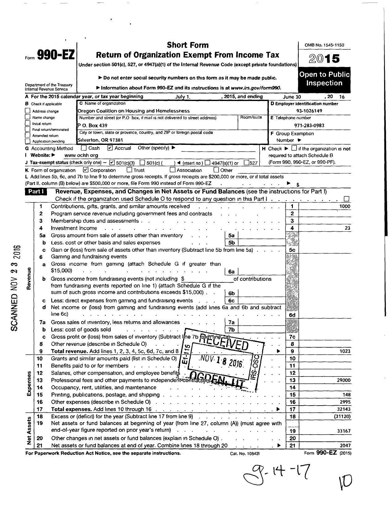 Image of first page of 2015 Form 990EZ for Oregon Coalition on Housing and Homelessness