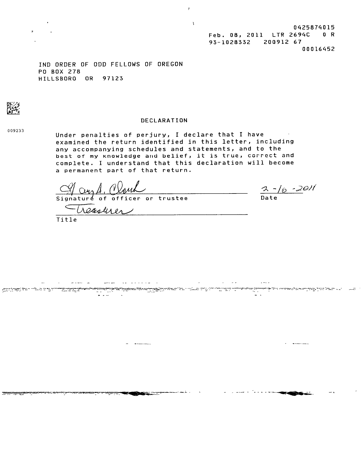 Image of first page of 2009 Form 990OR for Independent Order of Odd Fellows - 50 Montezuma Lodge