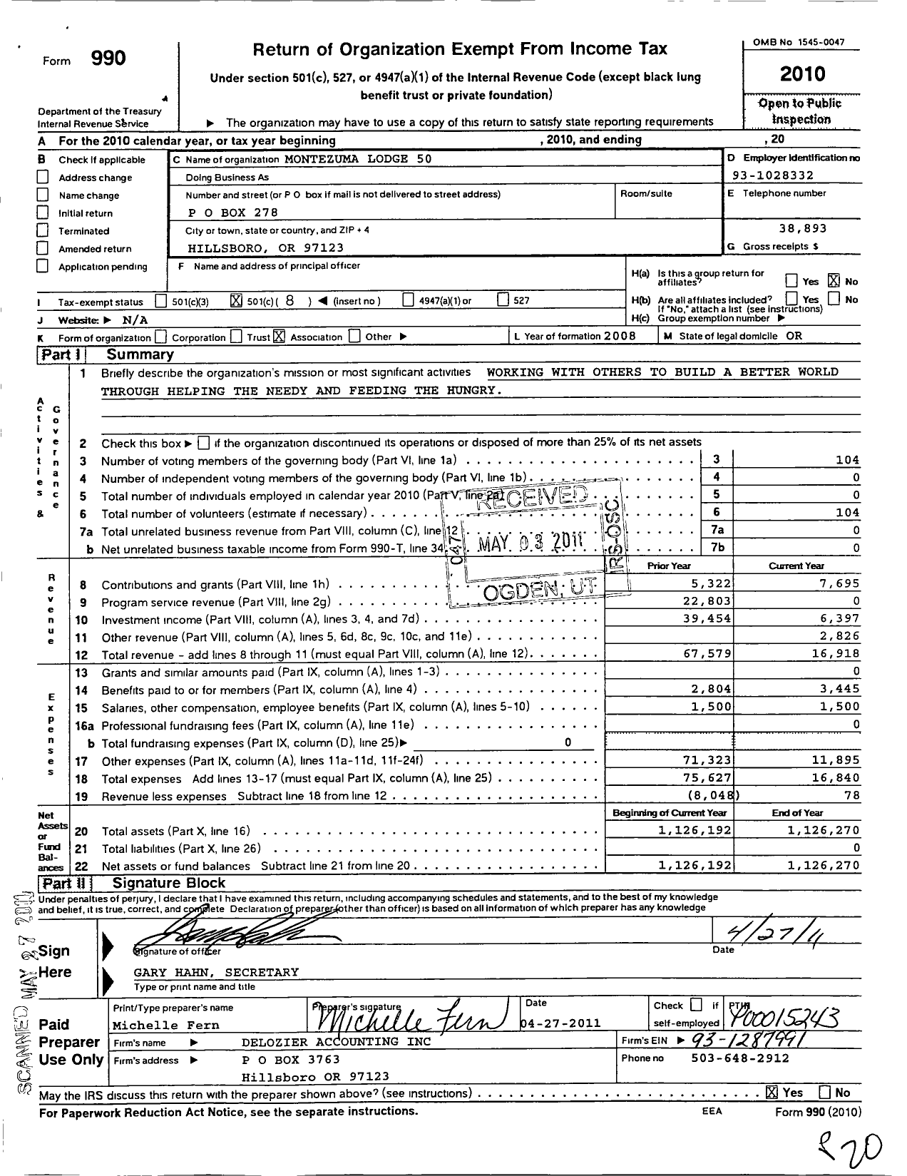 Image of first page of 2010 Form 990O for Independent Order of Odd Fellows - 50 Montezuma Lodge